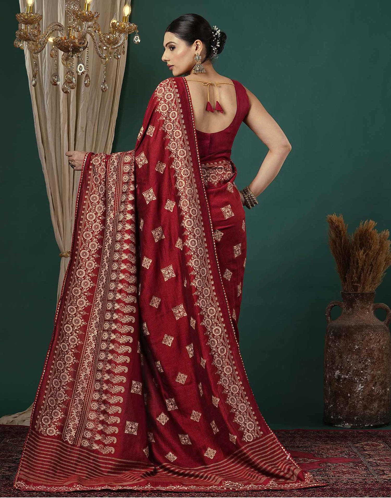 Maroon Silk Foil Printed Saree