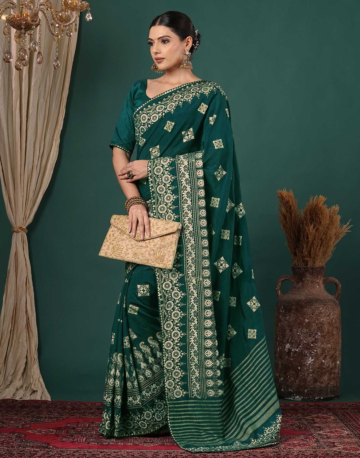 Teal Green Silk Foil Printed Saree
