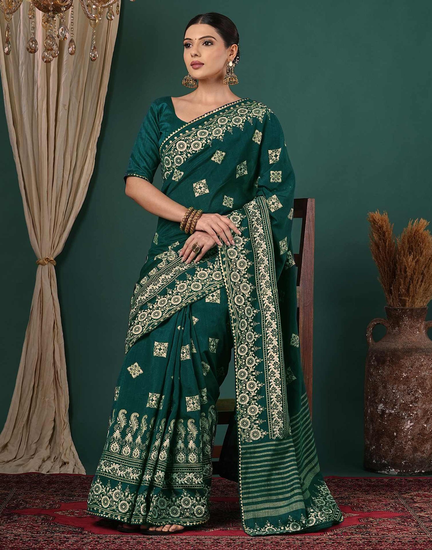 Teal Green Silk Foil Printed Saree