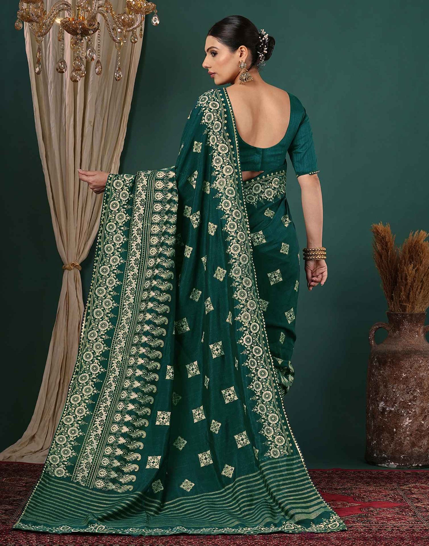 Teal Green Silk Foil Printed Saree