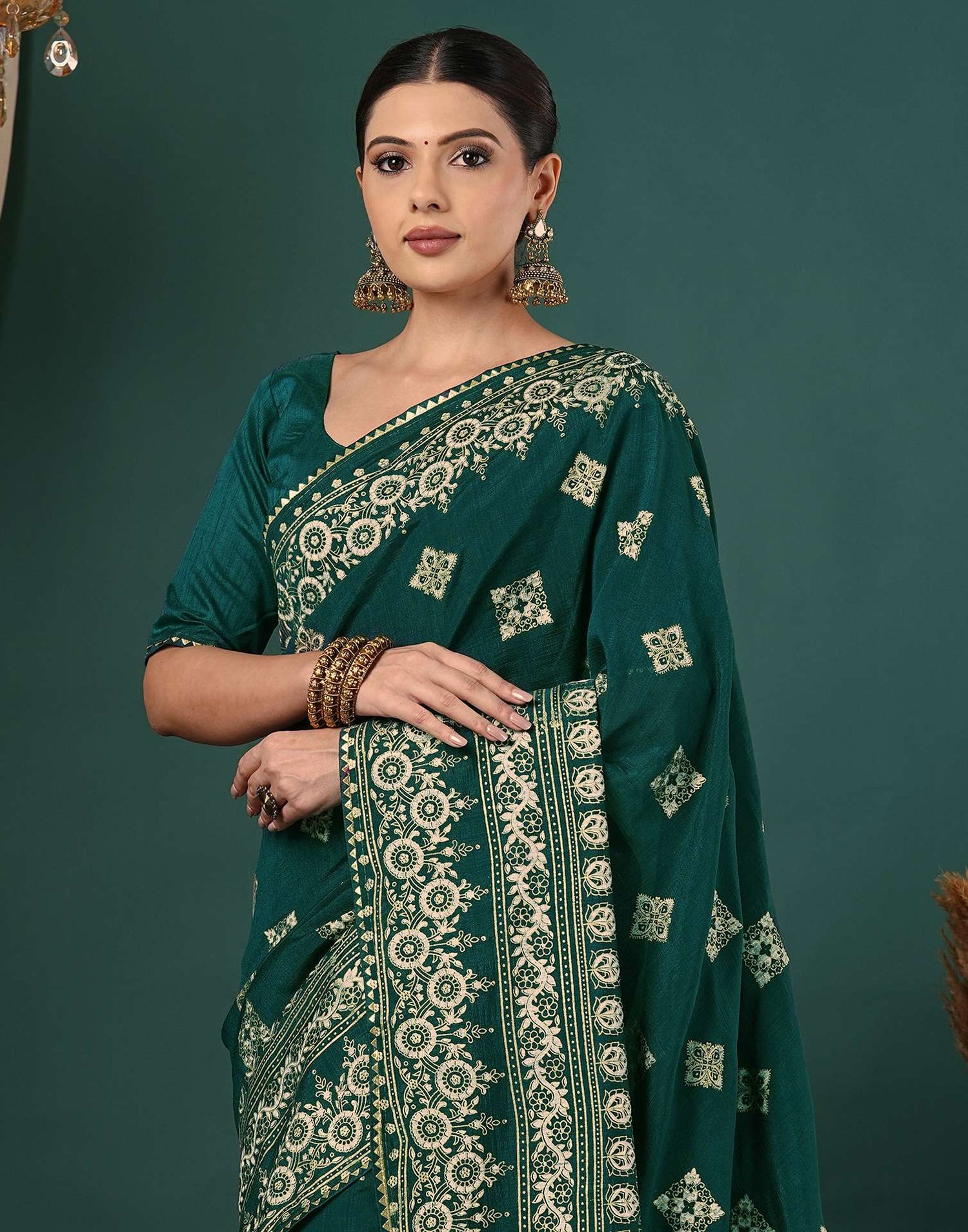 Teal Green Silk Foil Printed Saree