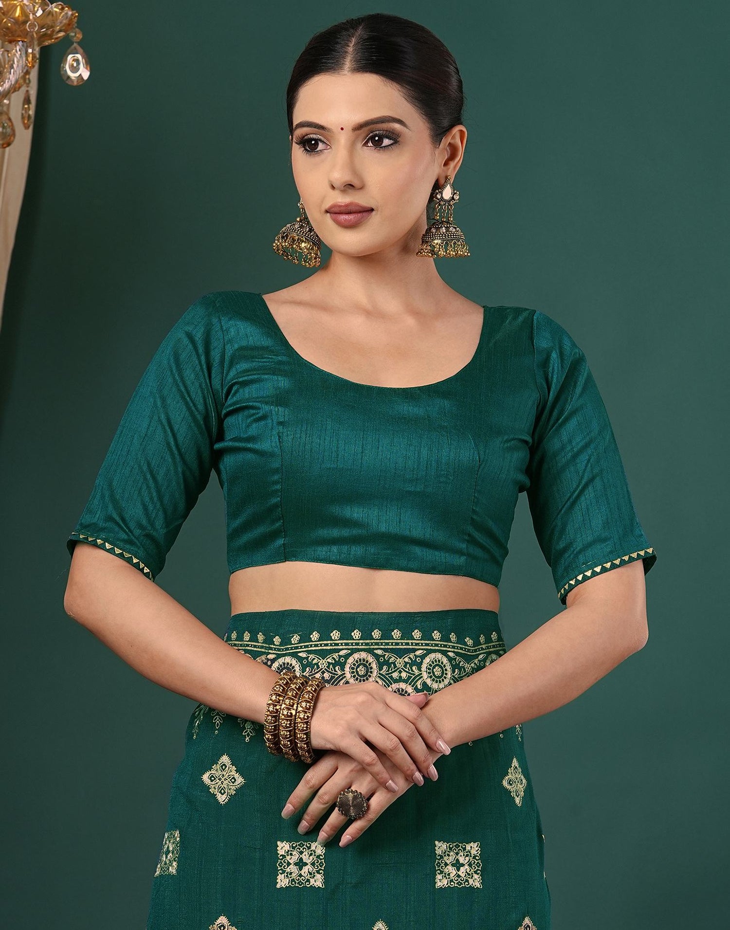 Teal Green Silk Foil Printed Saree