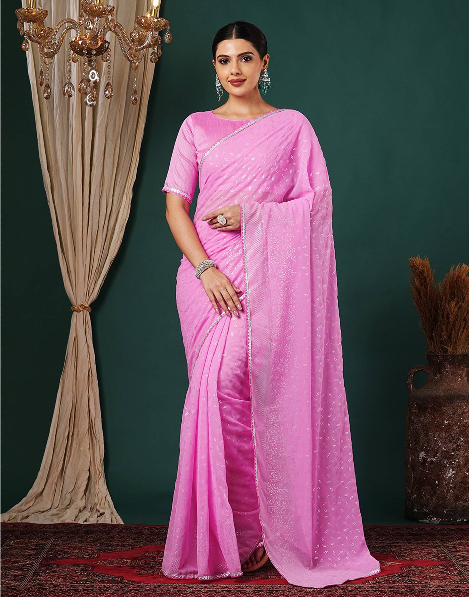 Pink Georgette Foil Printed Saree