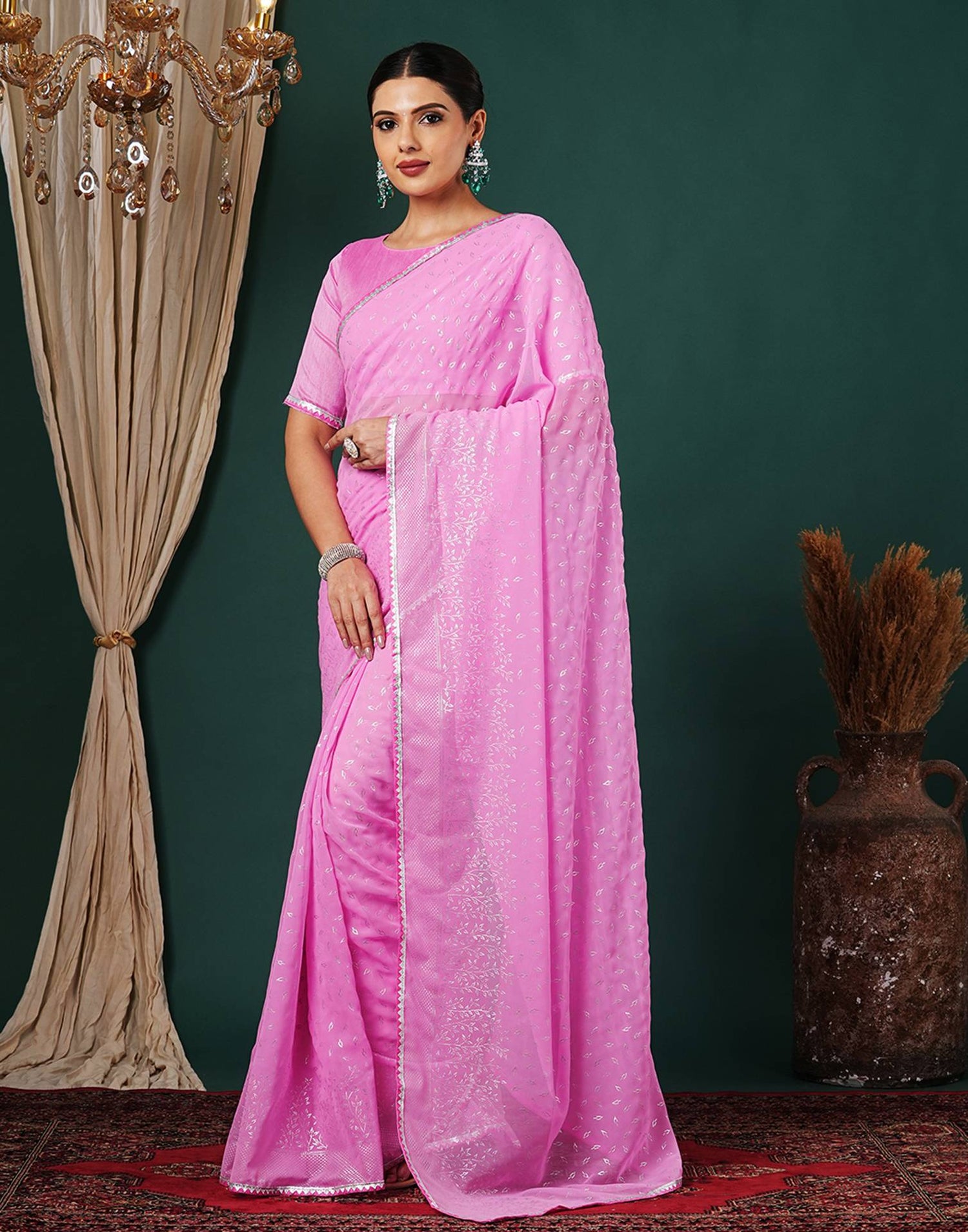 Pink Georgette Foil Printed Saree