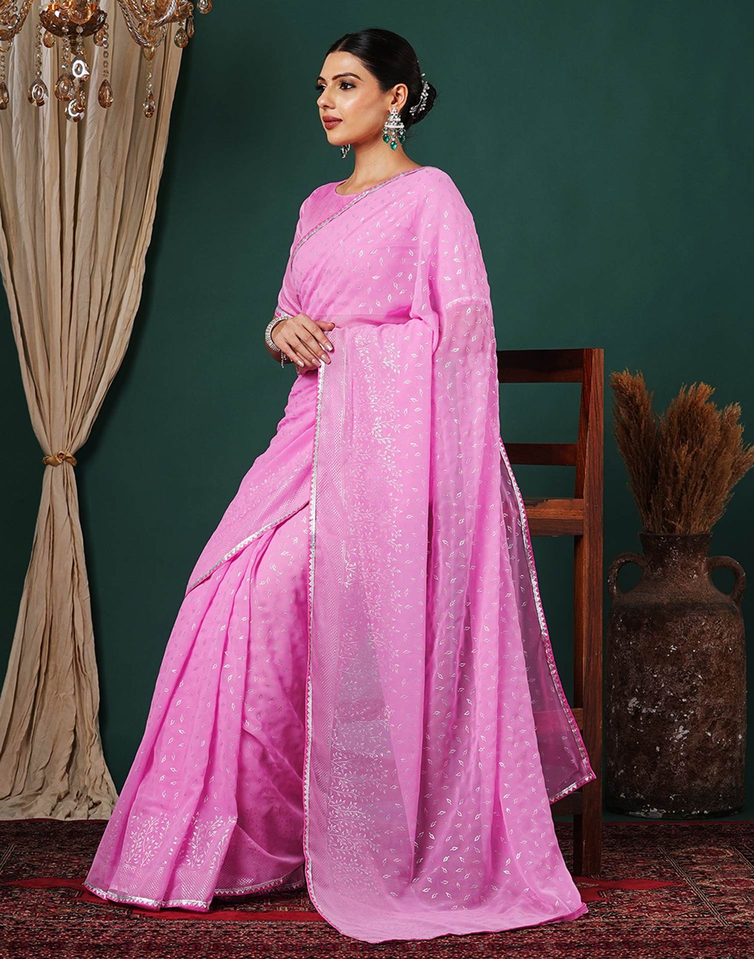 Pink Georgette Foil Printed Saree