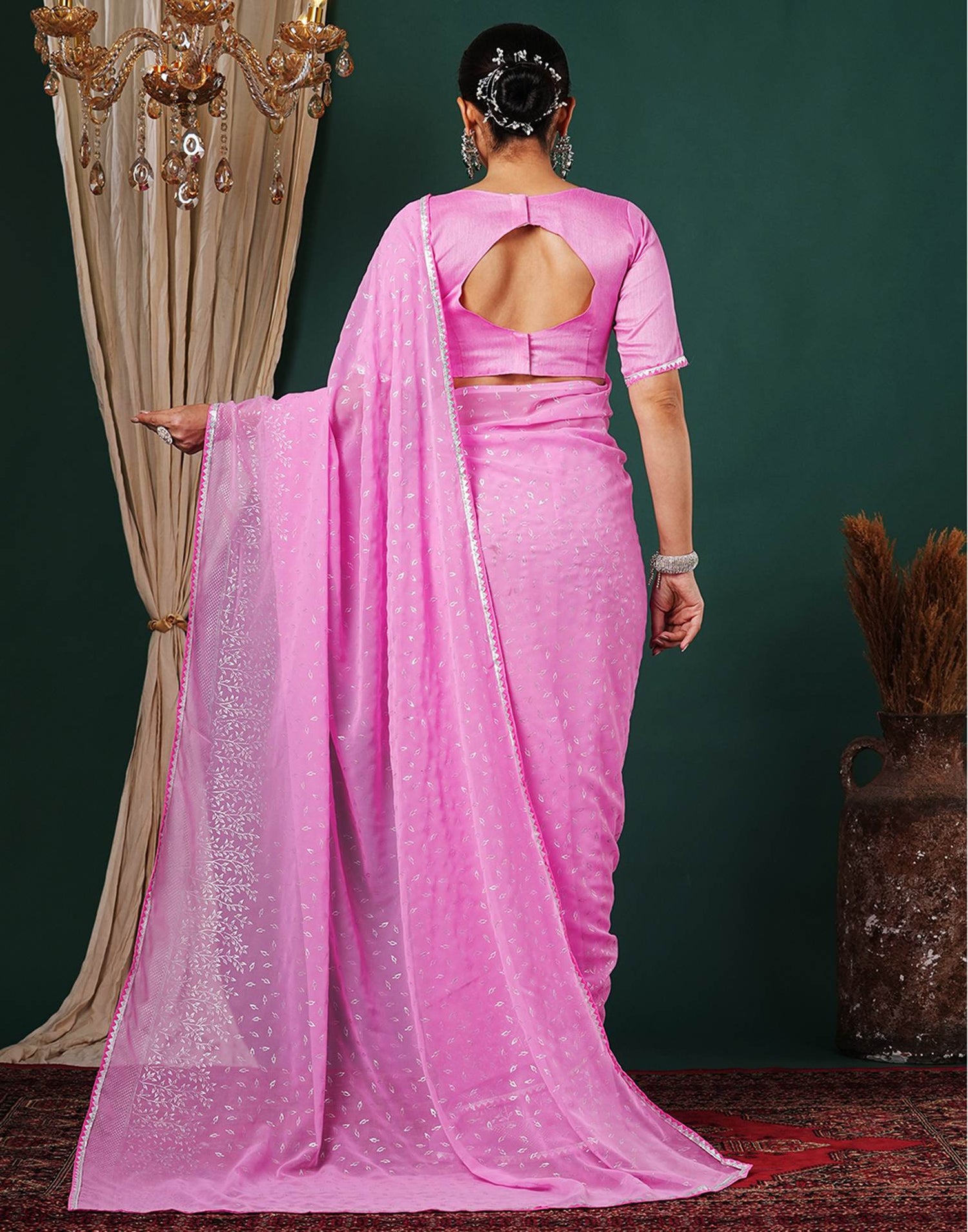Pink Georgette Foil Printed Saree