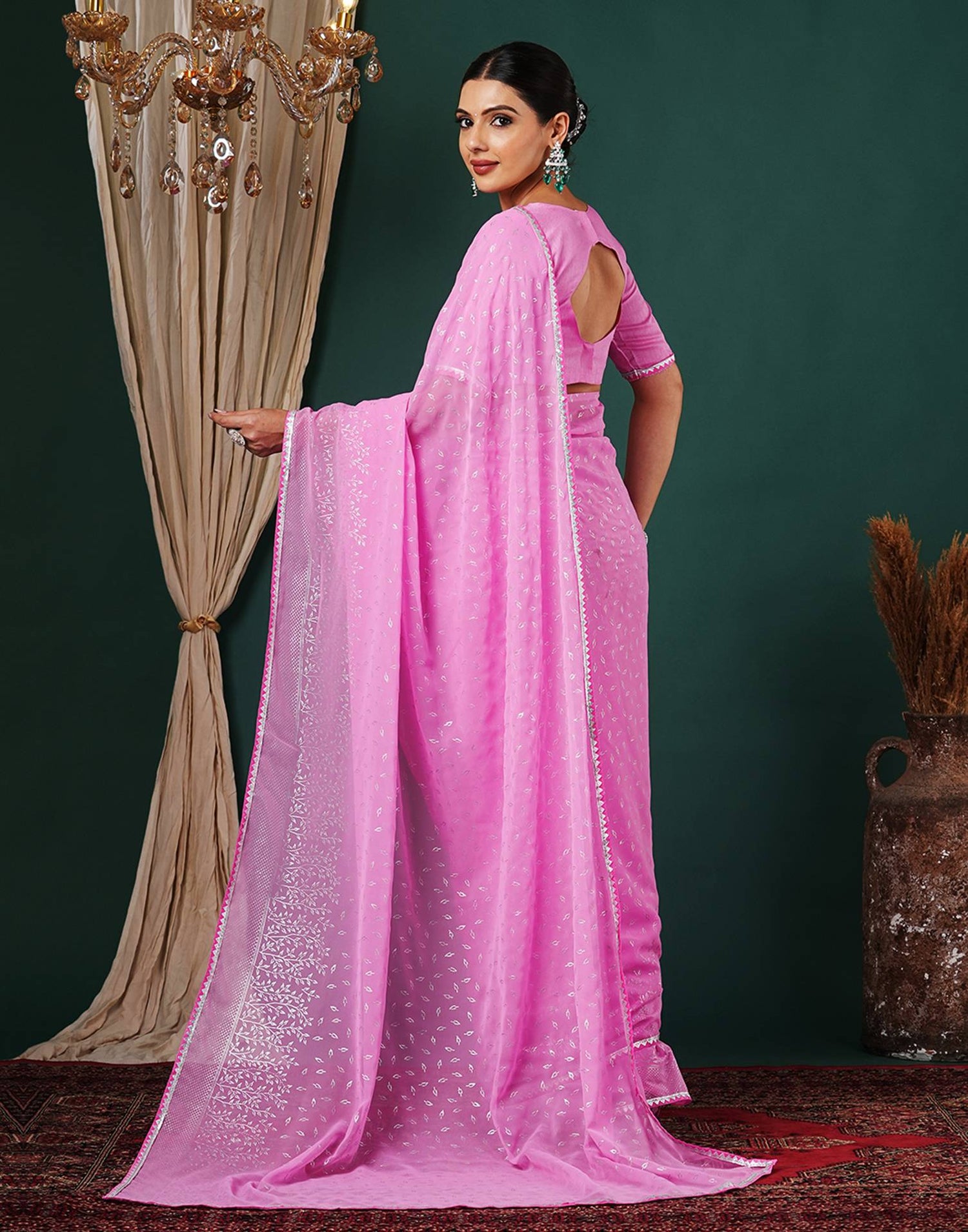 Pink Georgette Foil Printed Saree
