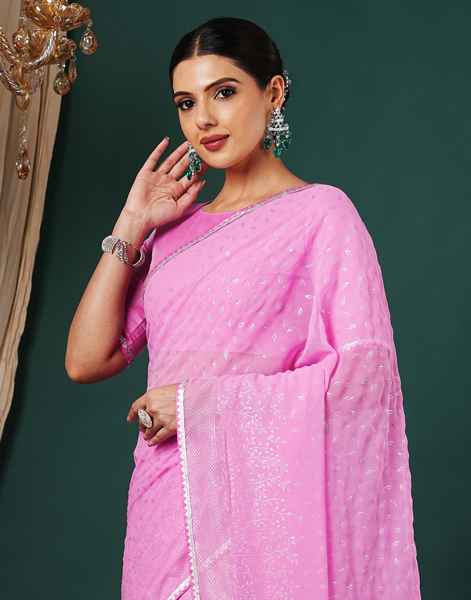 Pink Georgette Foil Printed Saree