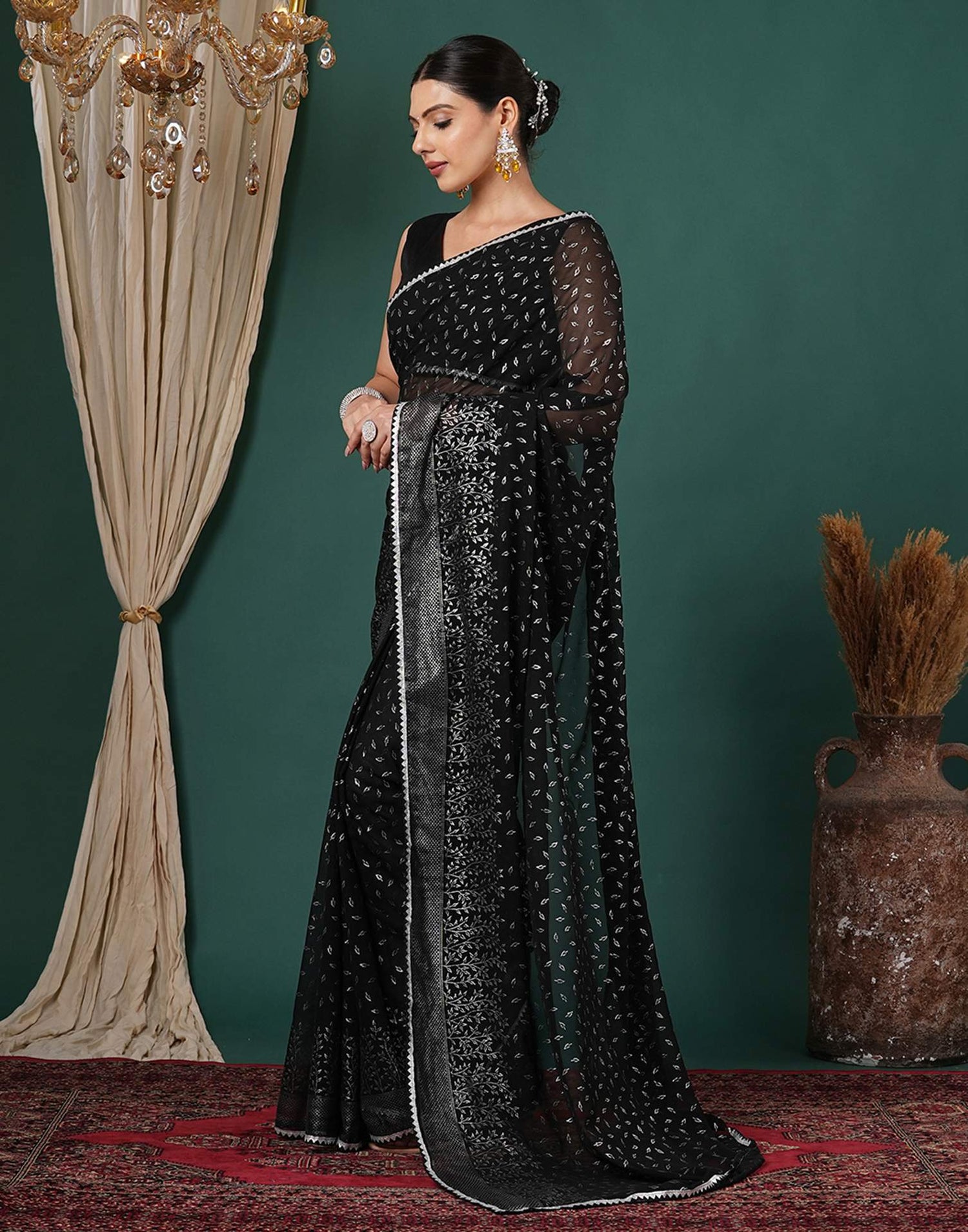 Black Georgette Foil Printed Saree