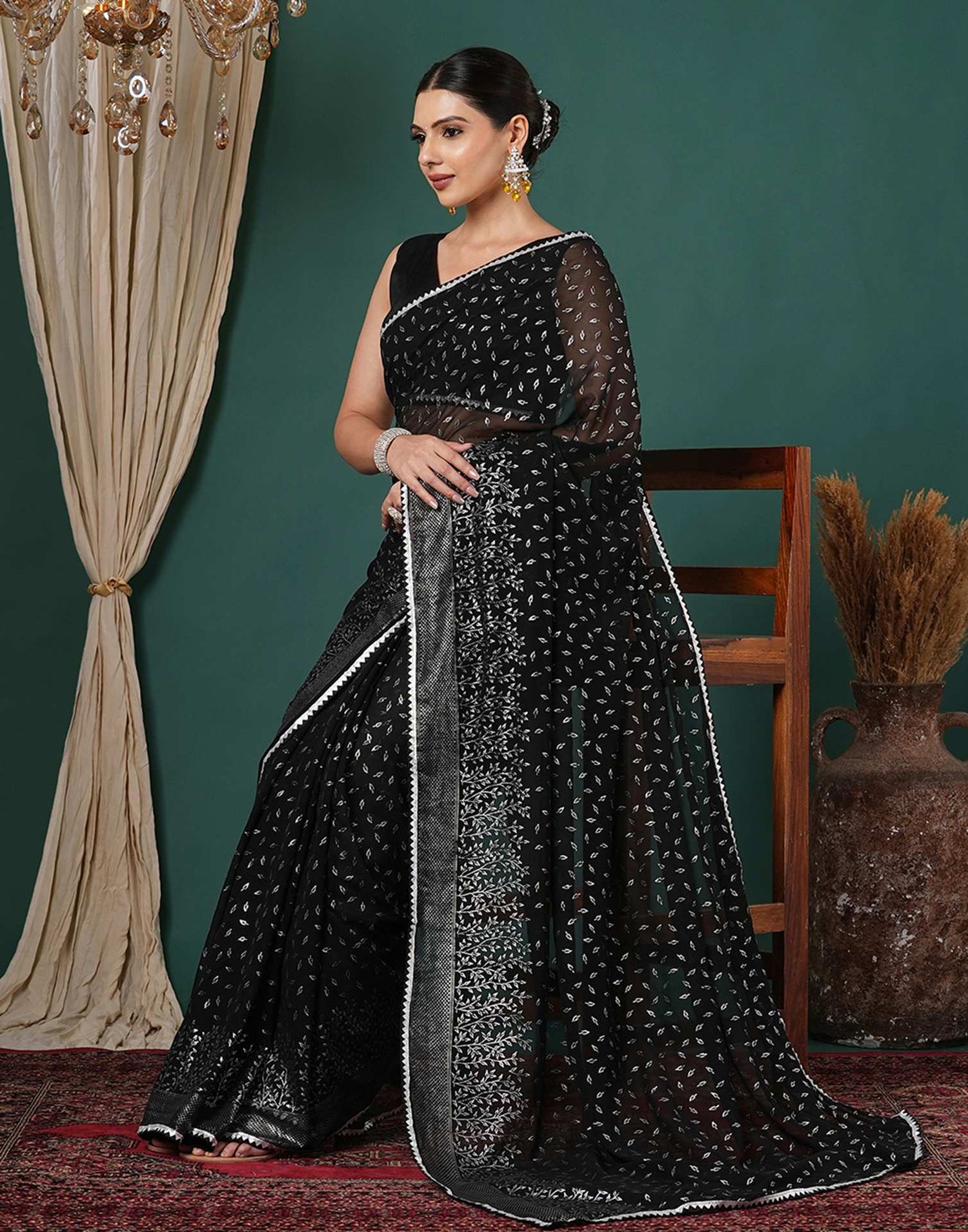 Black Georgette Foil Printed Saree