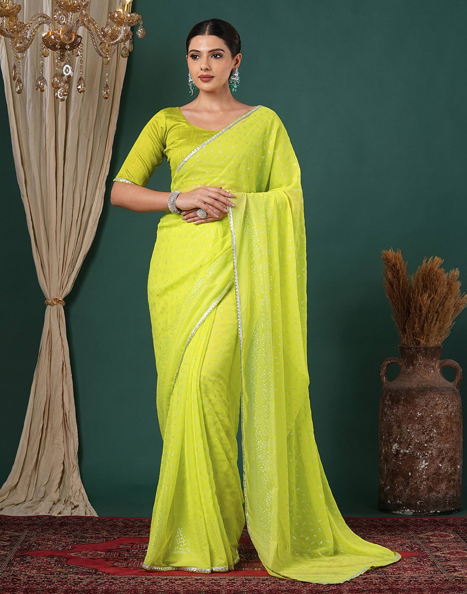 Lime Green Georgette Foil Printed Saree