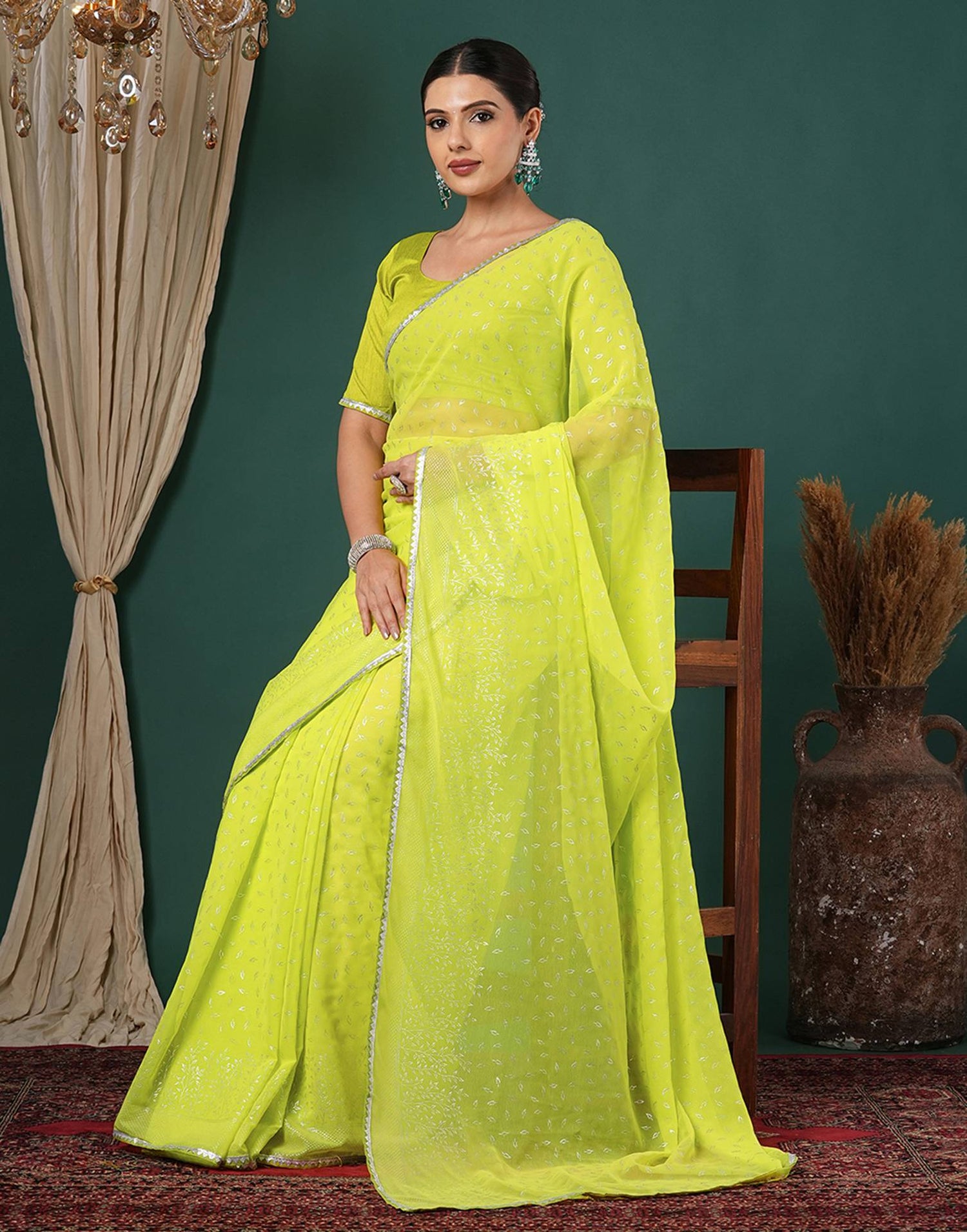 Lime Green Georgette Foil Printed Saree