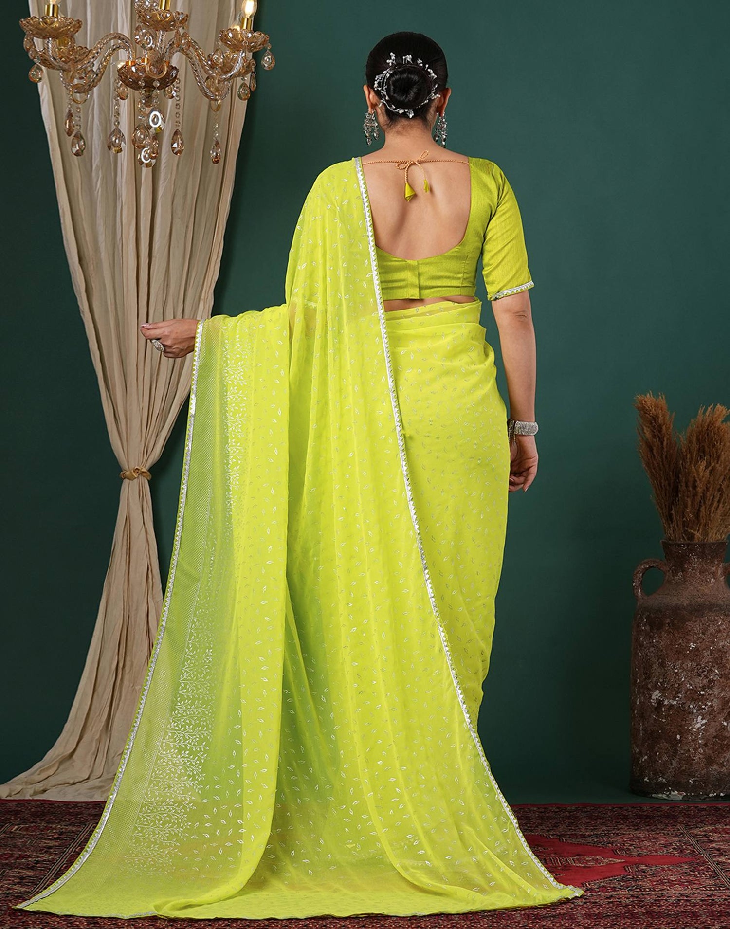 Lime Green Georgette Foil Printed Saree