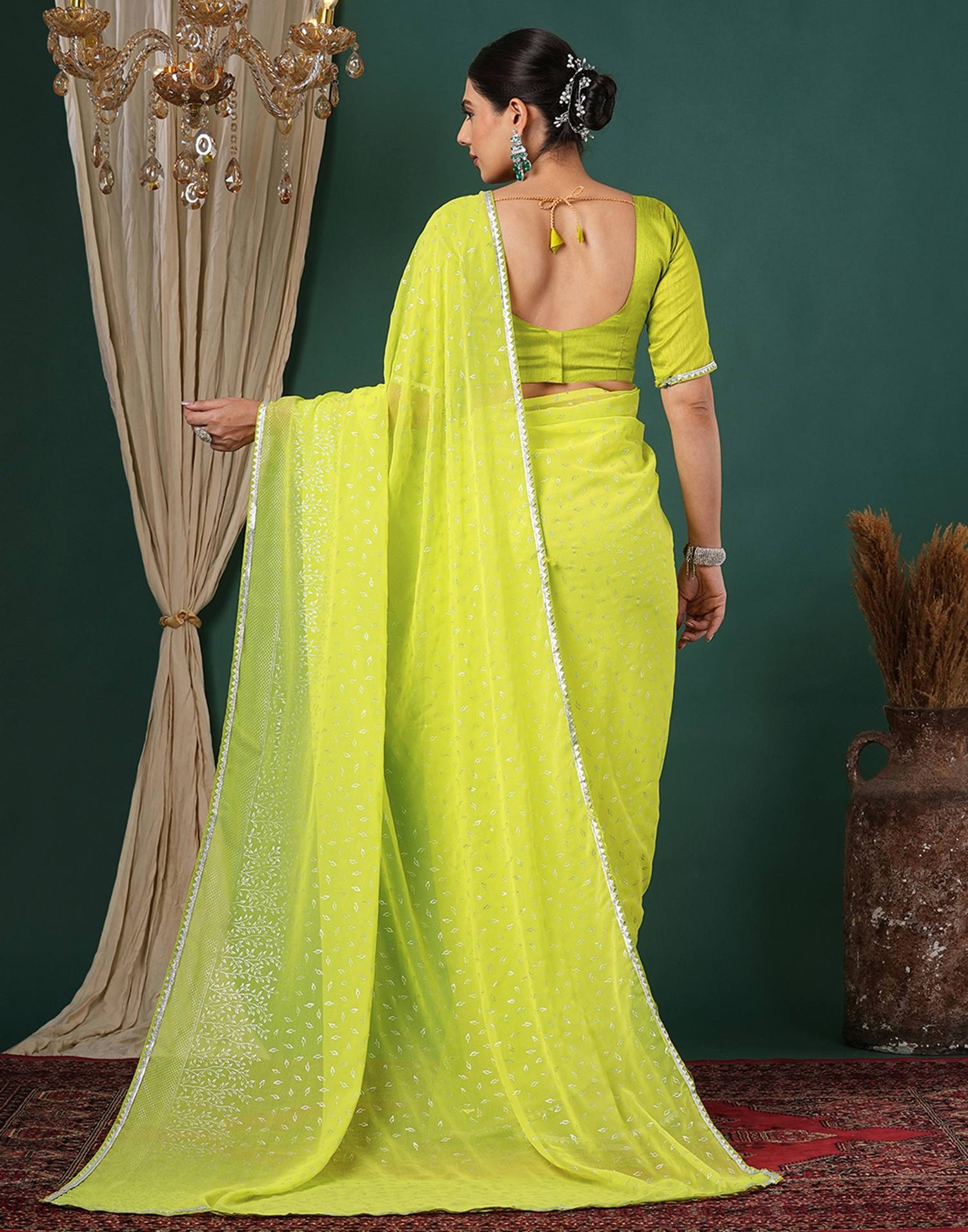 Lime Green Georgette Foil Printed Saree