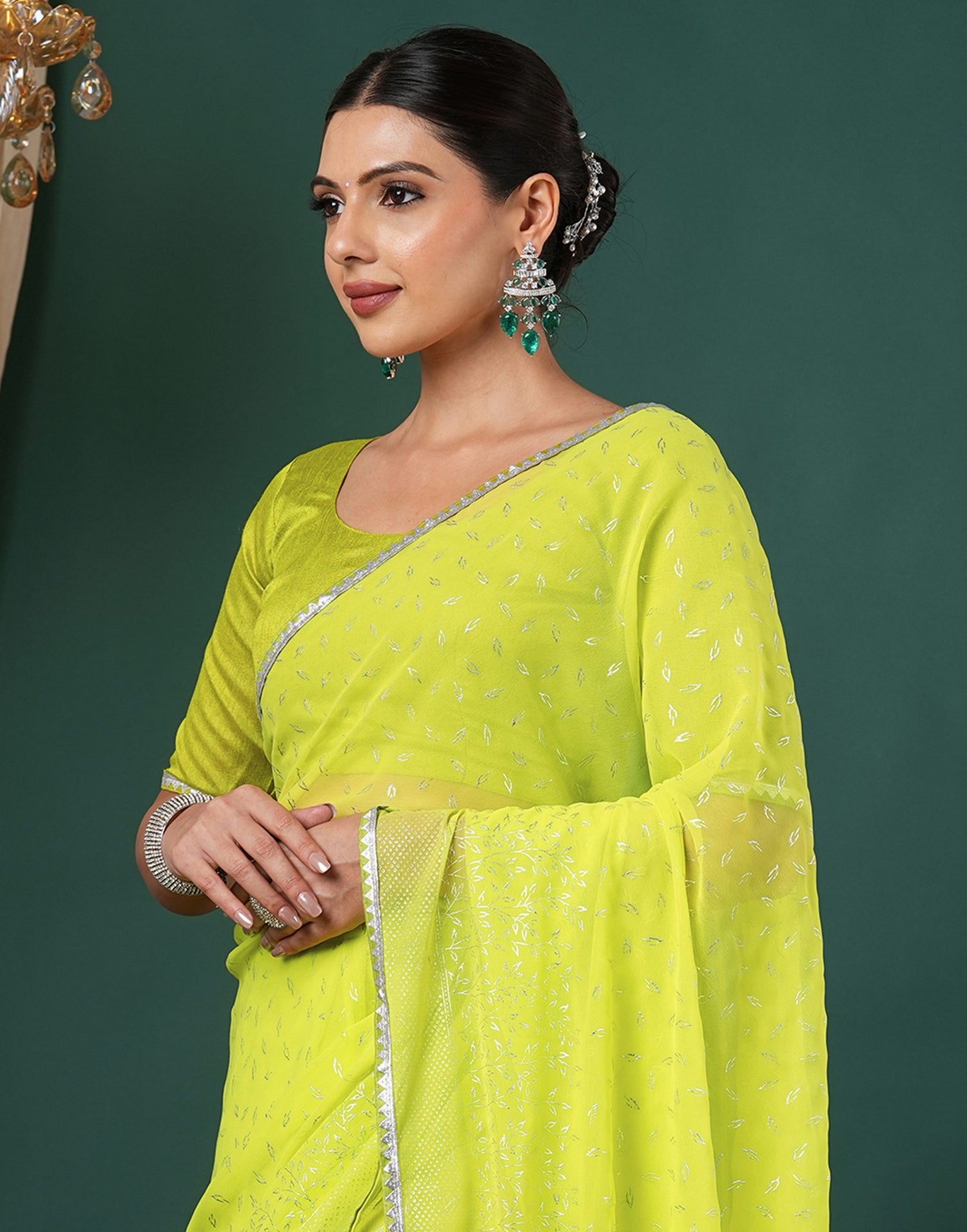 Lime Green Georgette Foil Printed Saree