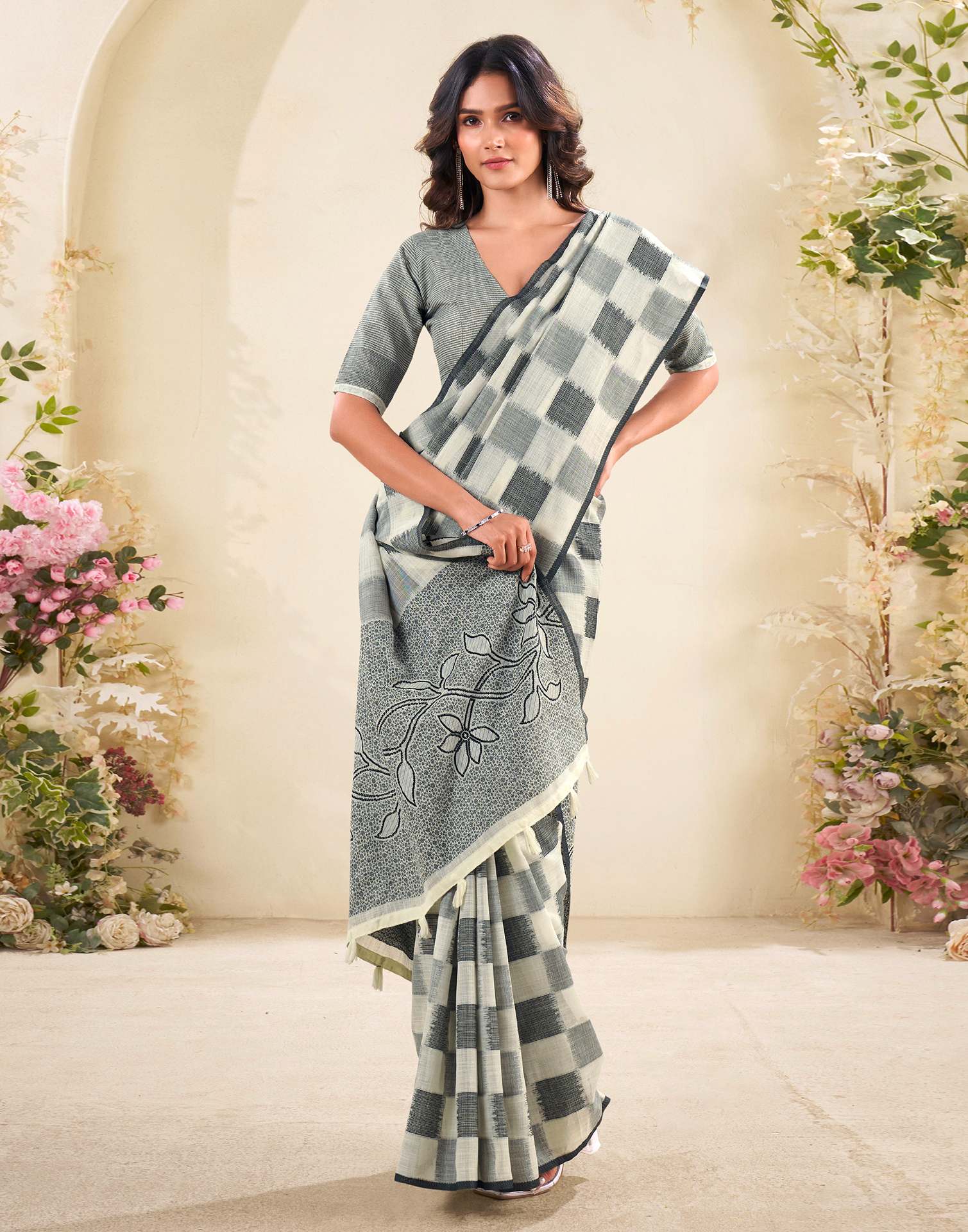 Off White Silk Woven Saree