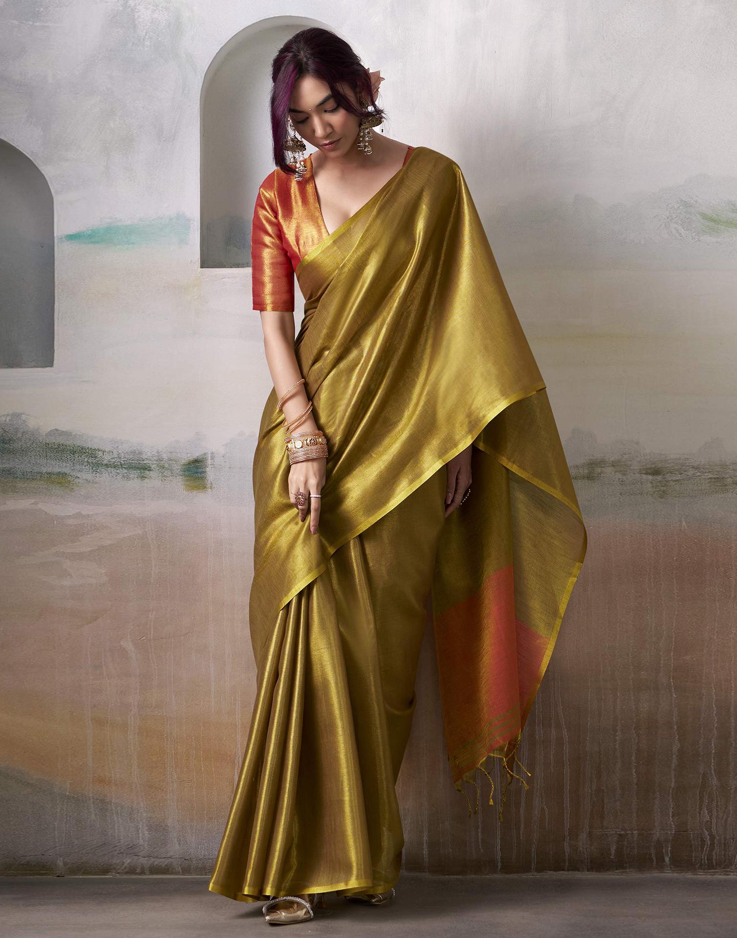 Orange Tissue Silk Woven Plain Saree
