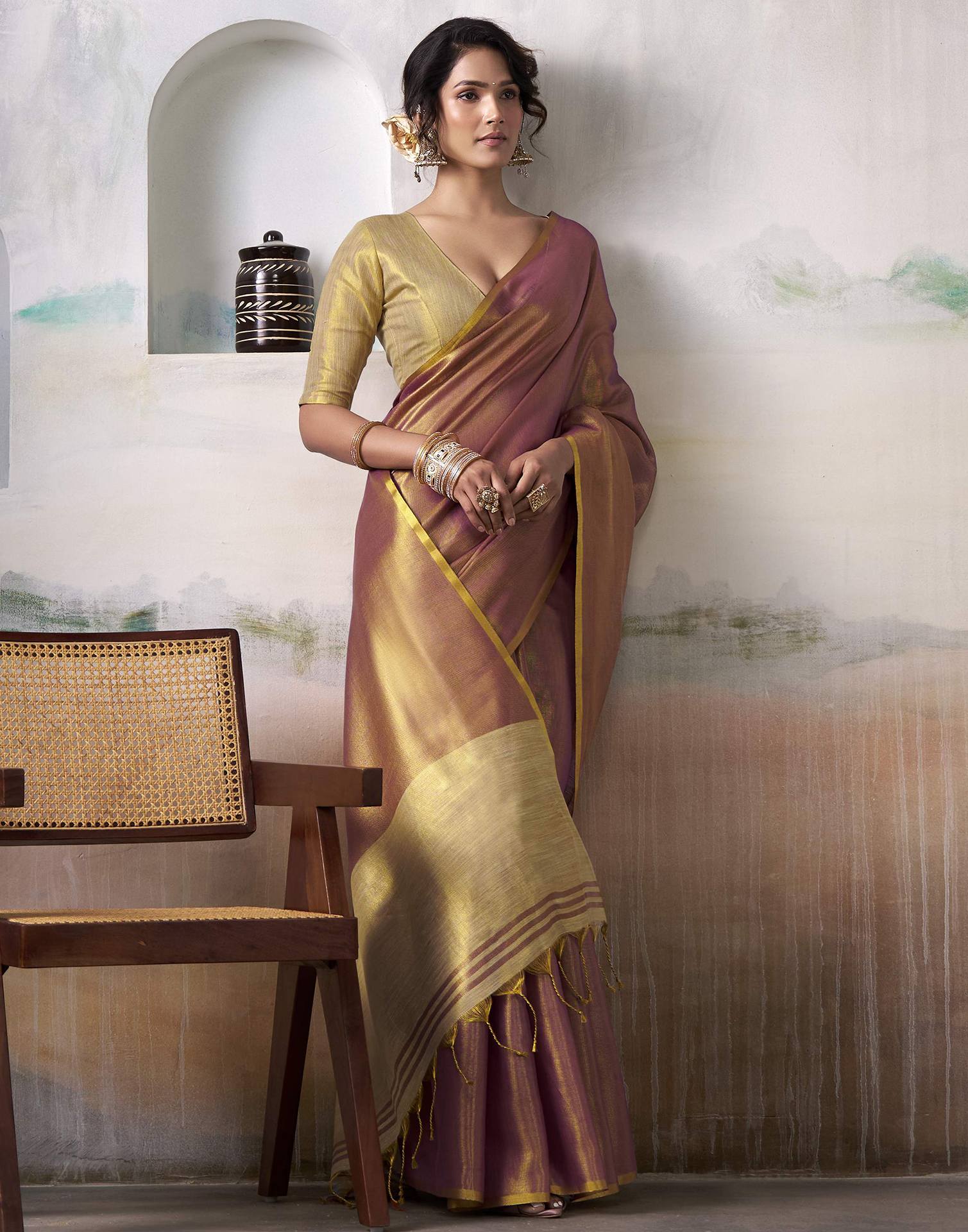 Magenta Tissue Silk Woven Plain Saree