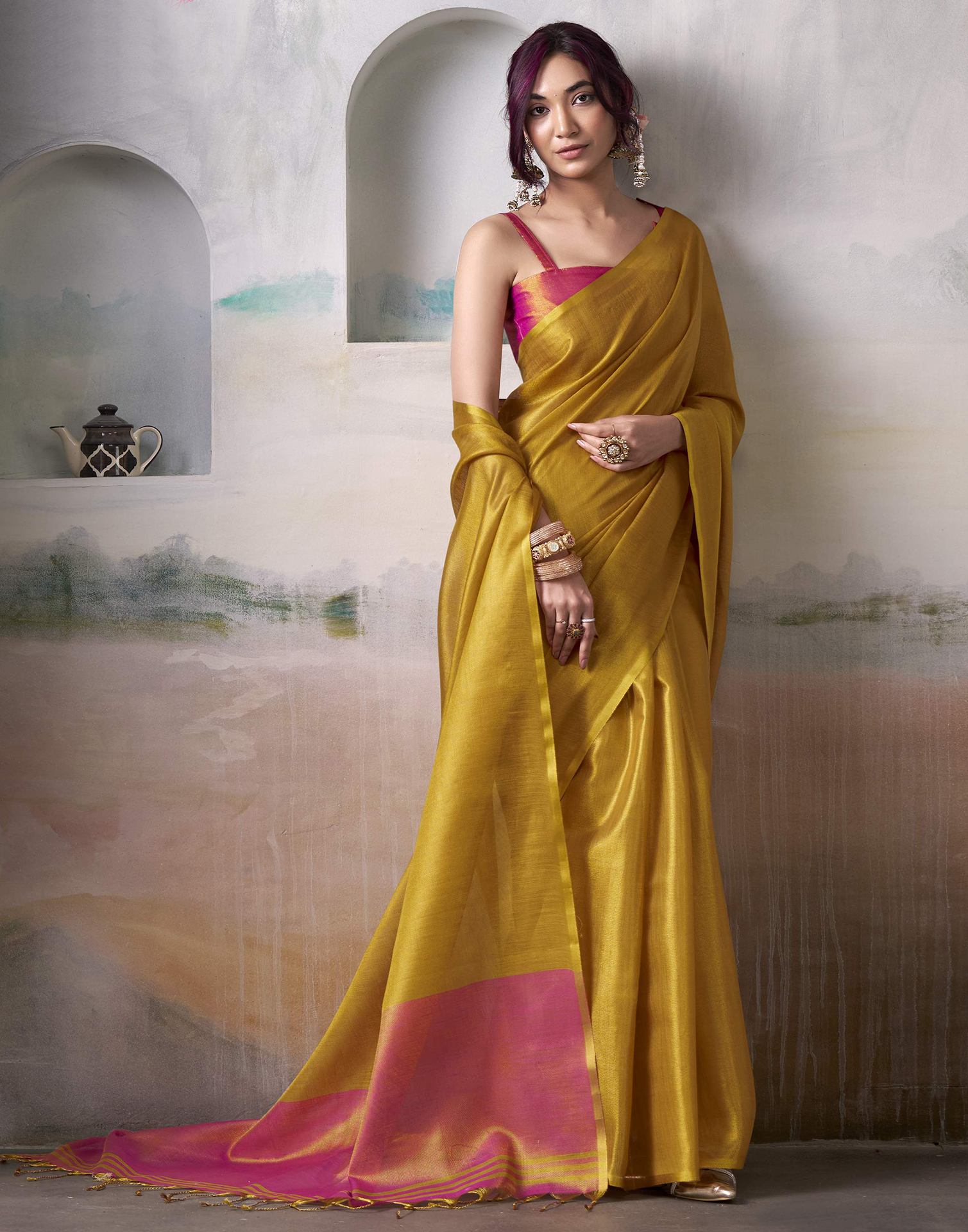 Mustard Yellow Tissue Silk Woven Plain Saree