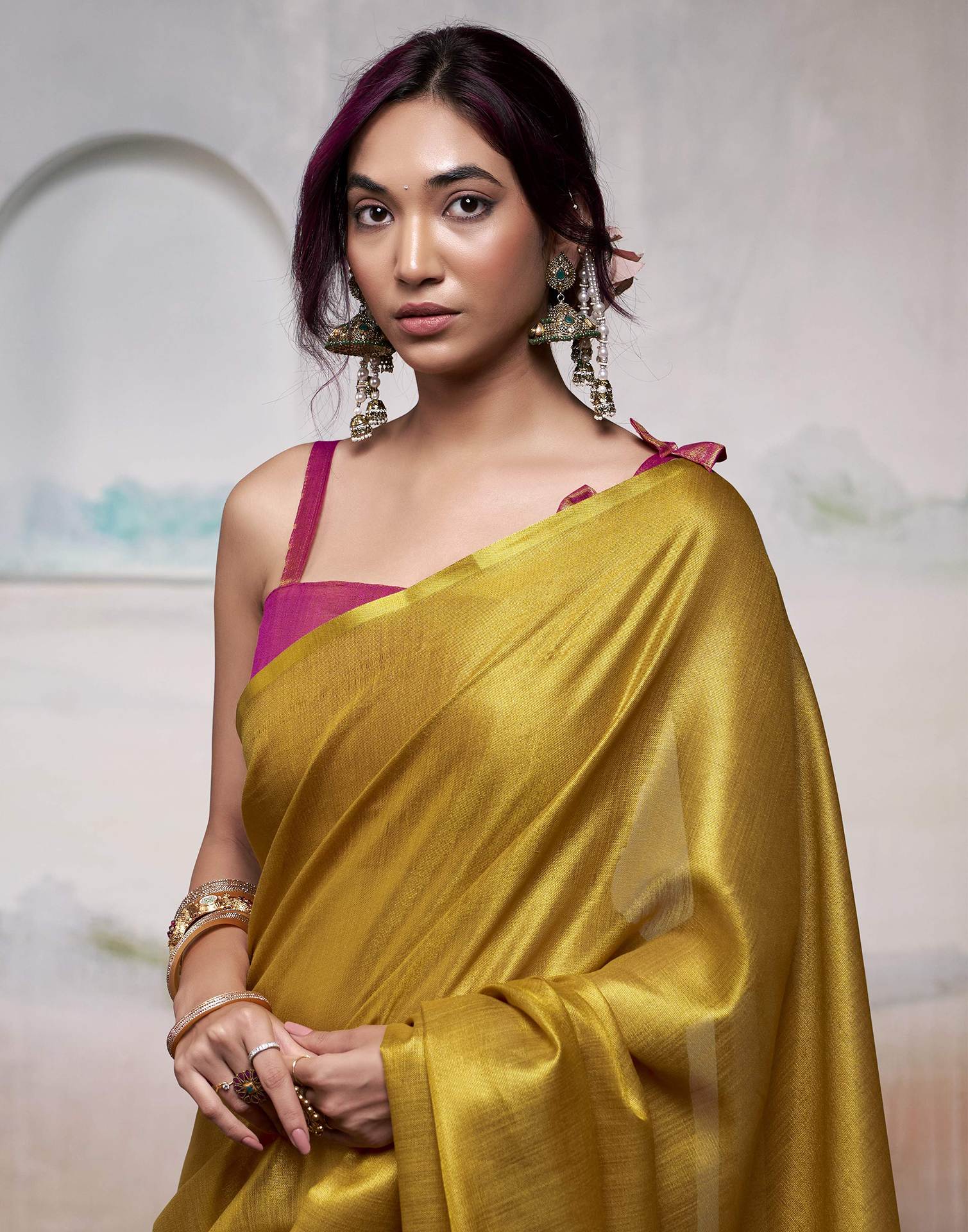 Mustard Yellow Tissue Silk Woven Plain Saree