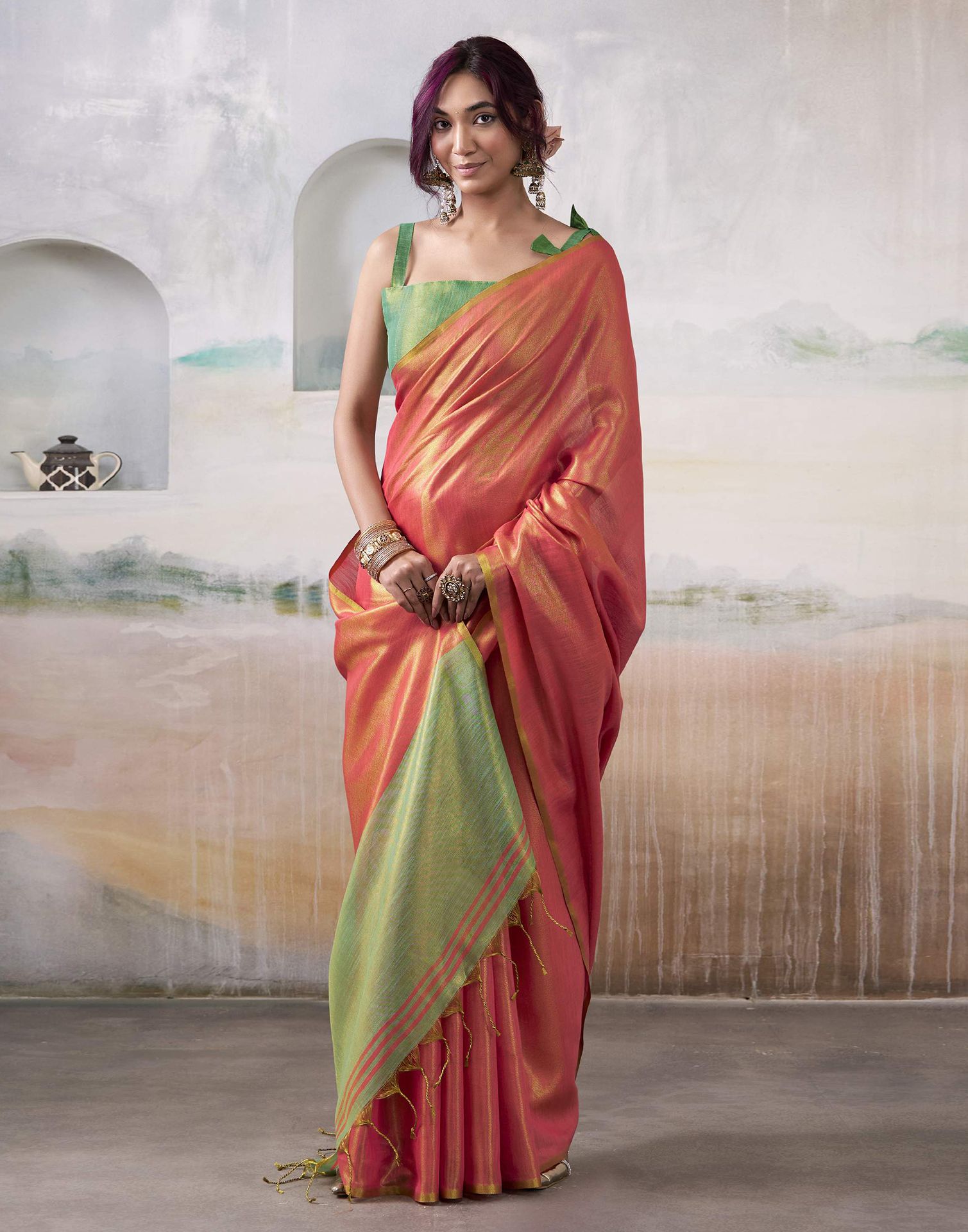 Salmon Orange Tissue Silk Woven Plain Saree
