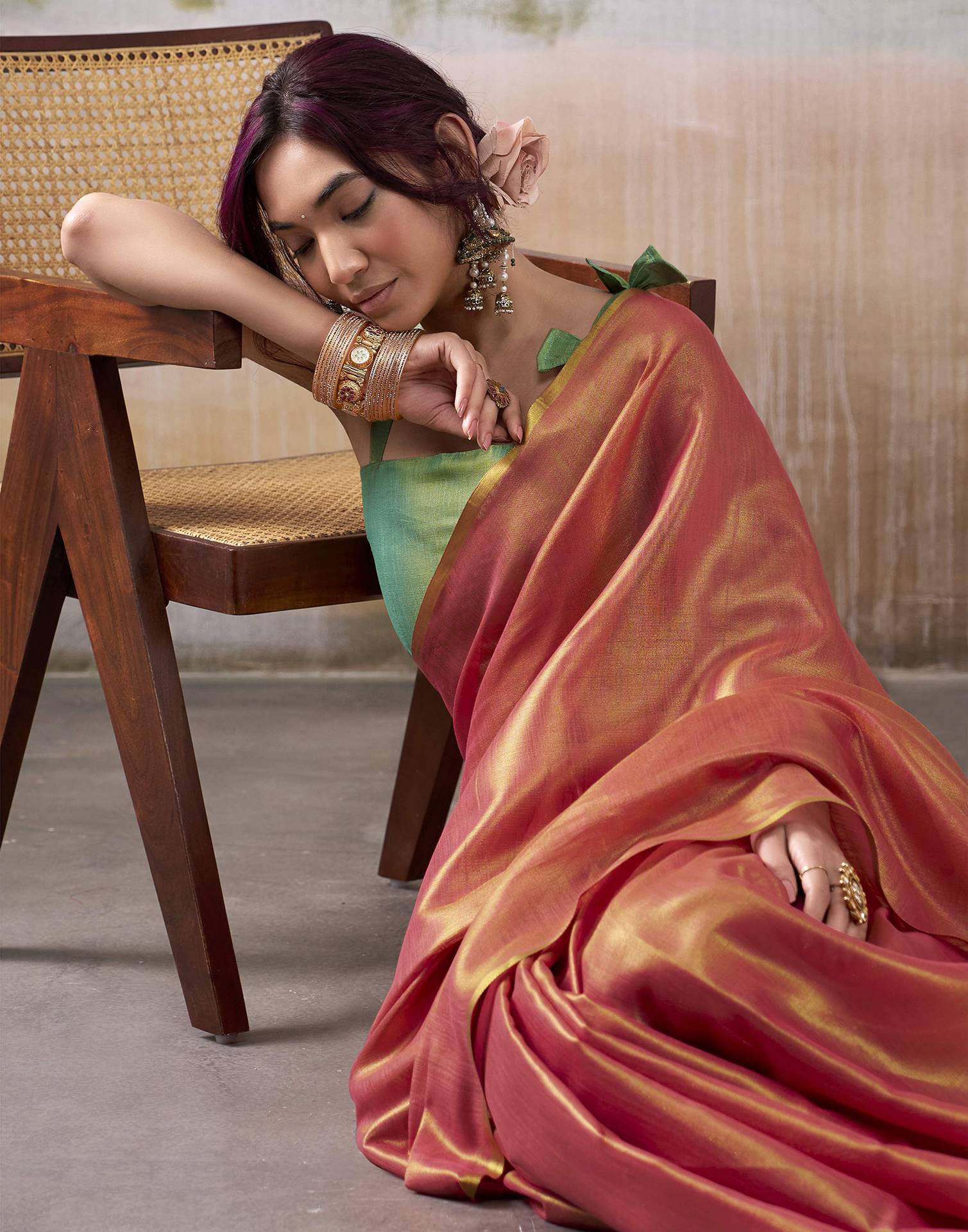 Salmon Orange Tissue Silk Woven Plain Saree