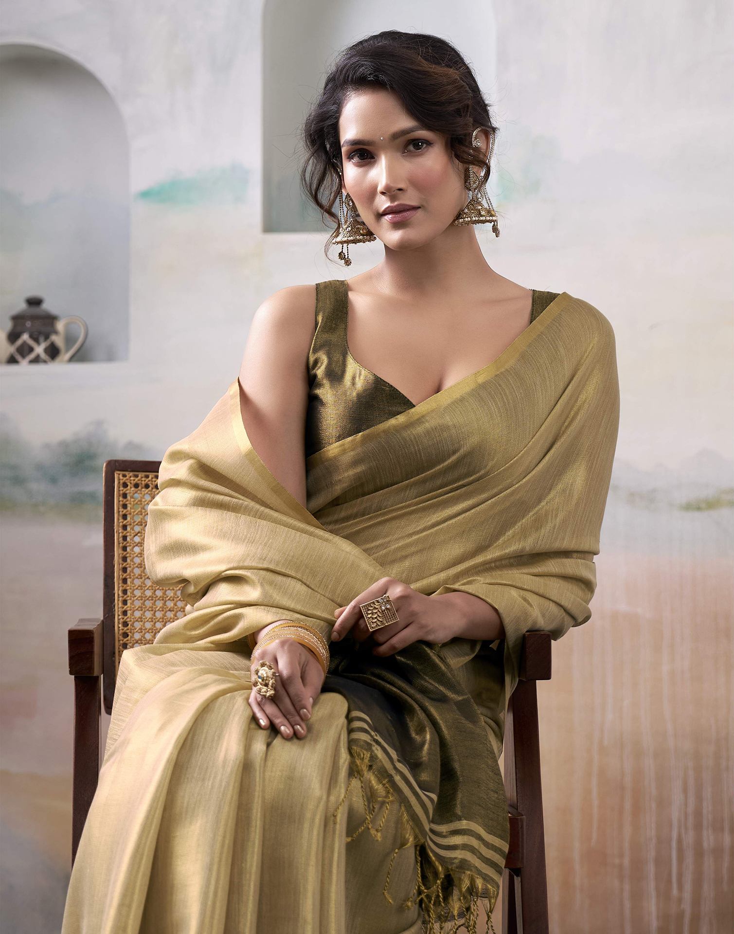 Khaki Tissue Silk Woven Plain Saree