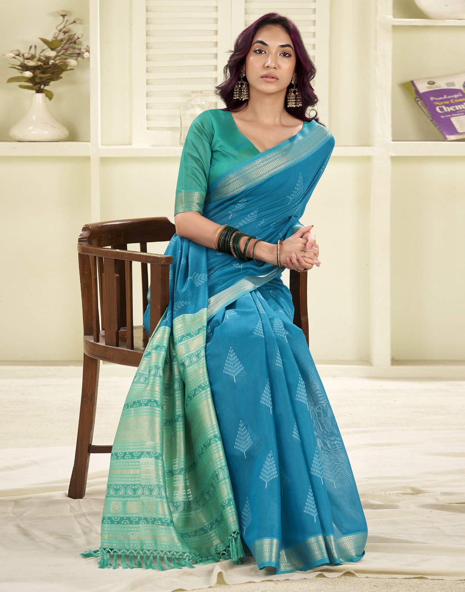Teal Blue Cotton Woven Saree