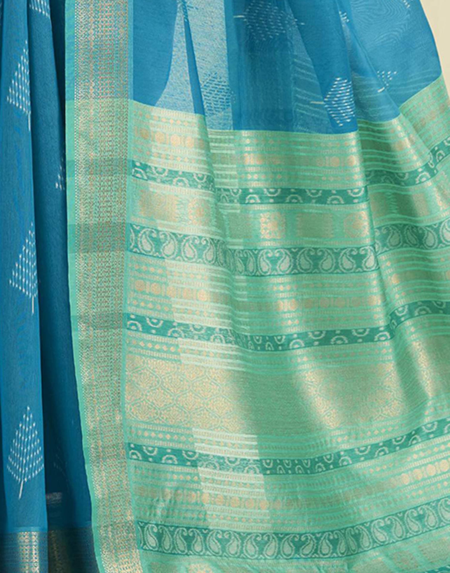 Teal Blue Cotton Woven Saree