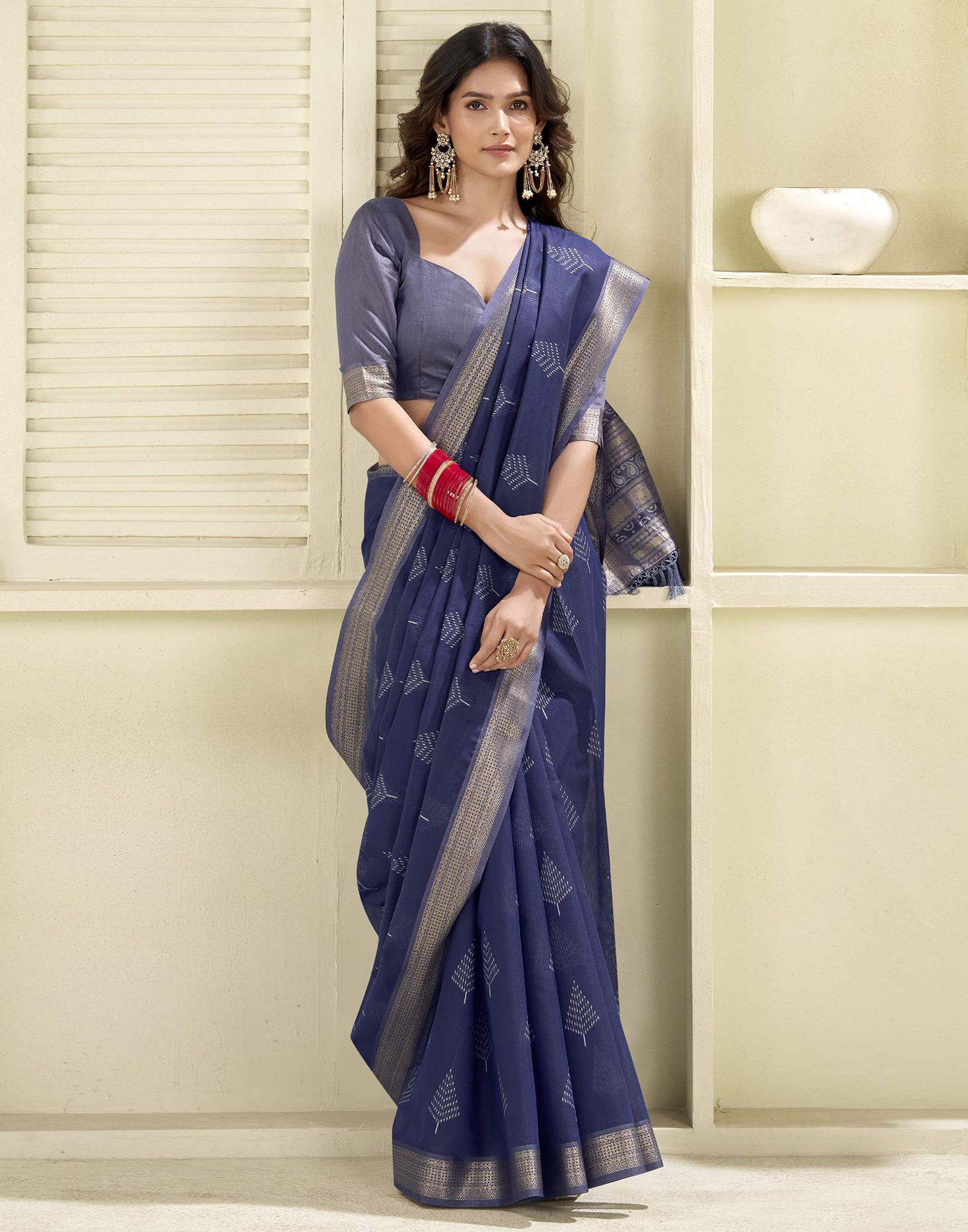 Navy Blue Cotton Woven Saree
