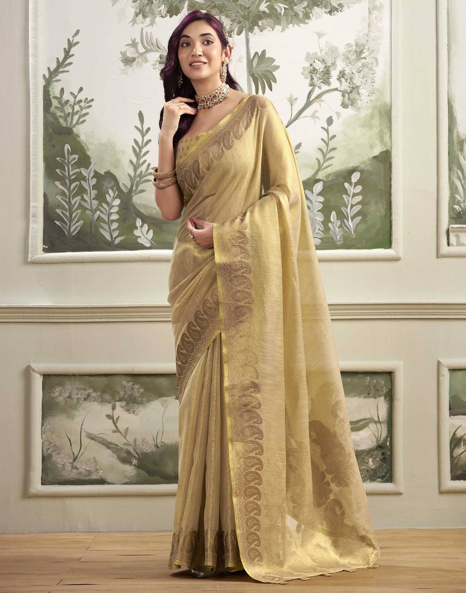 Khaki Tissue Silk Woven Kanjivaram Saree