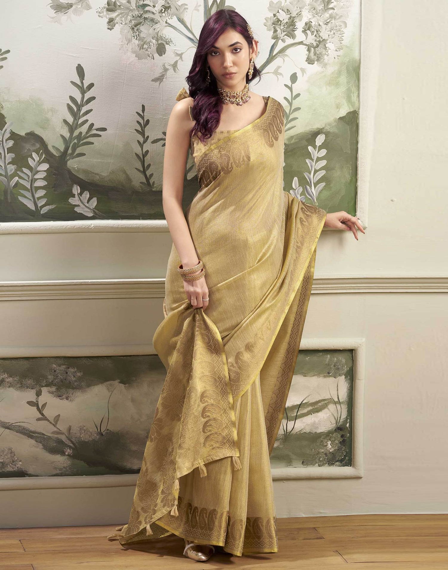 Khaki Tissue Silk Woven Kanjivaram Saree