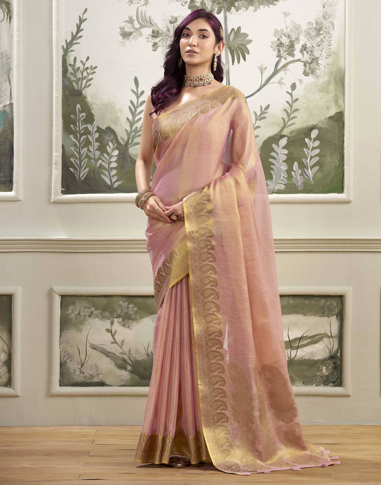 Rose Pink Tissue Silk Woven Kanjivaram Saree