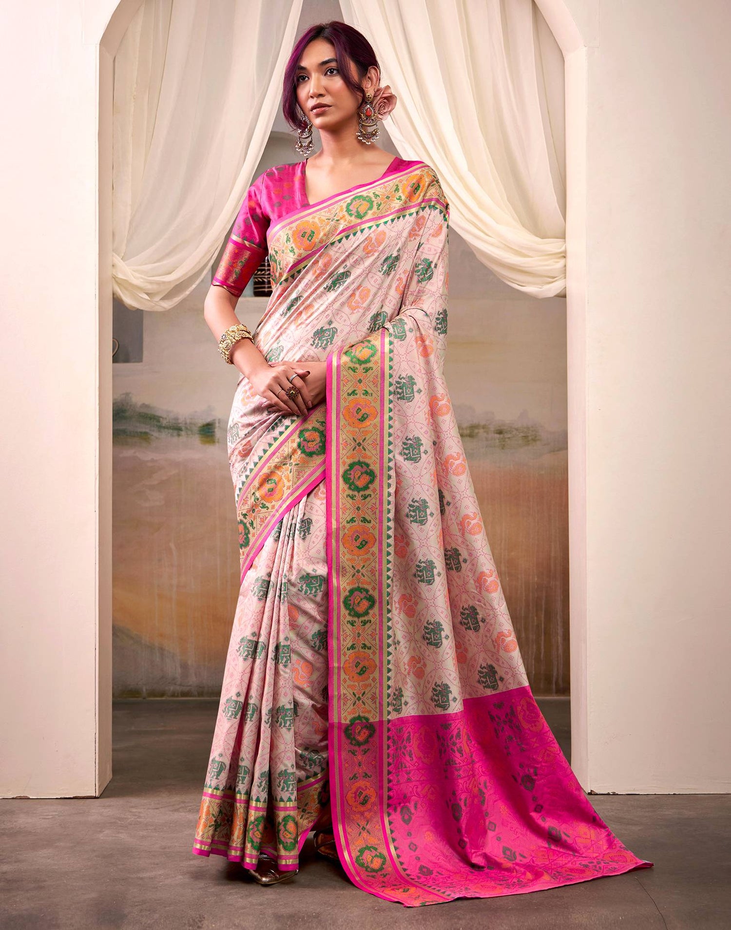 Rose Pink Silk Woven Patola Saree