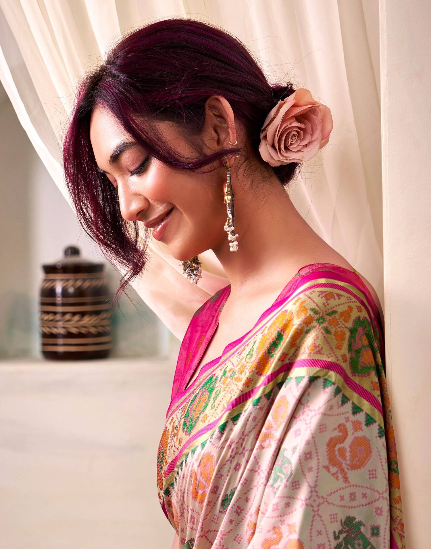 Rose Pink Silk Woven Patola Saree