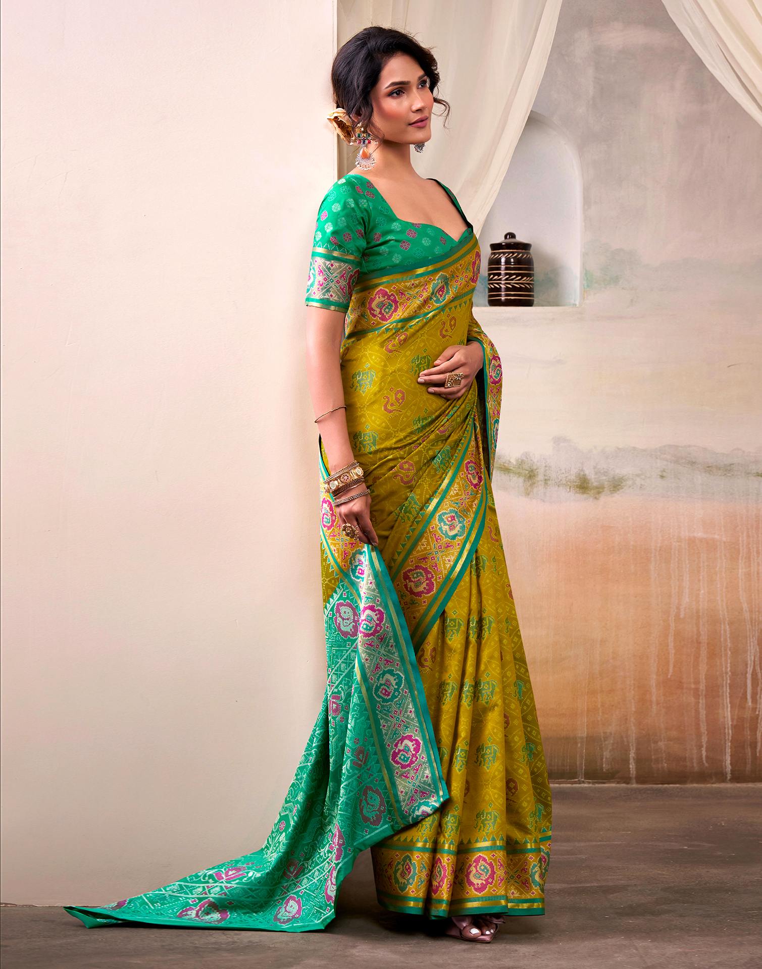 Mustard Green Silk Woven Patola Saree
