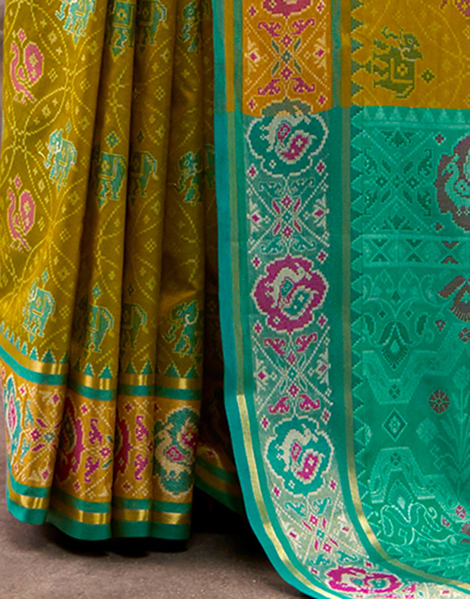 Mustard Green Silk Woven Patola Saree