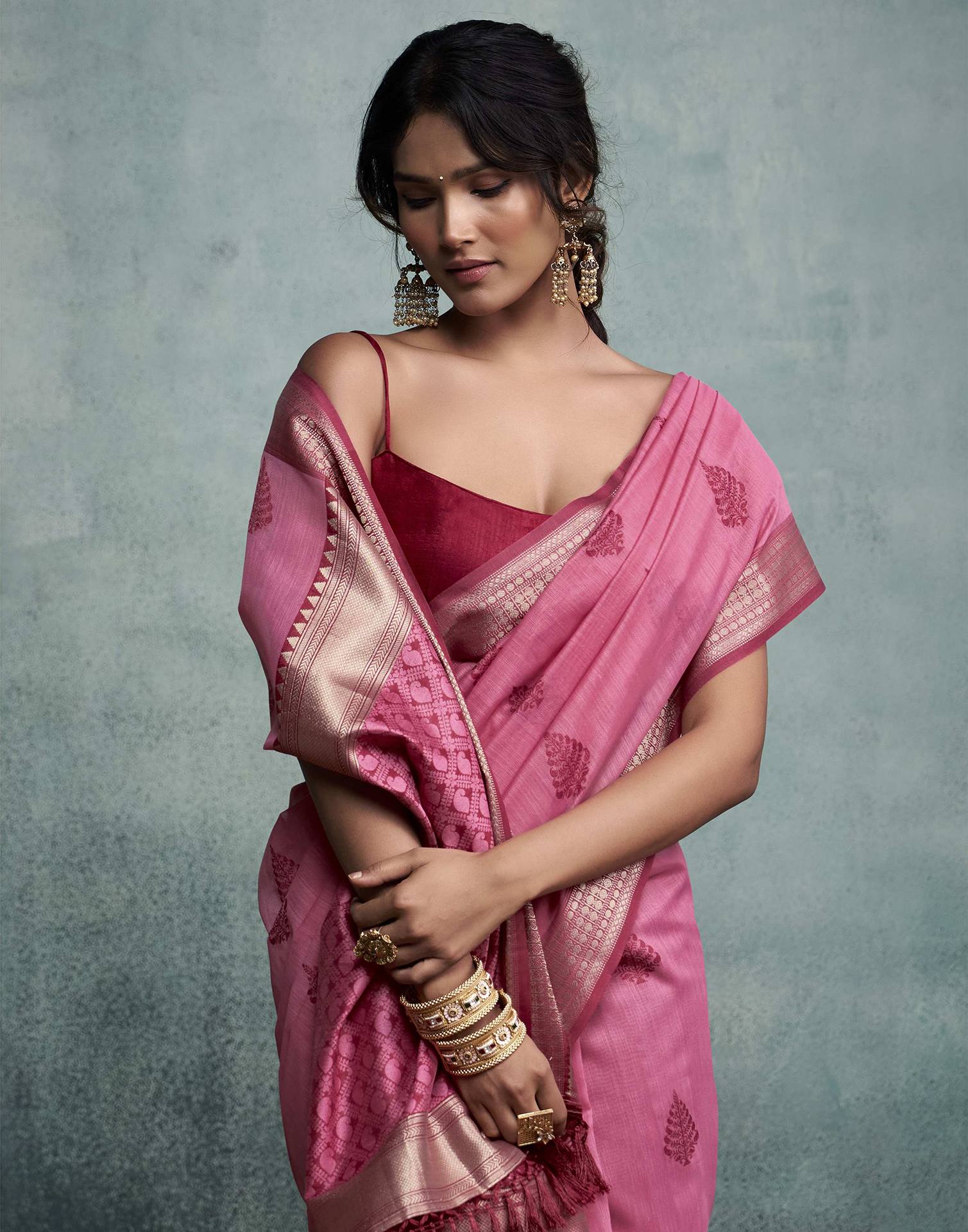 Pink Cotton Woven Saree