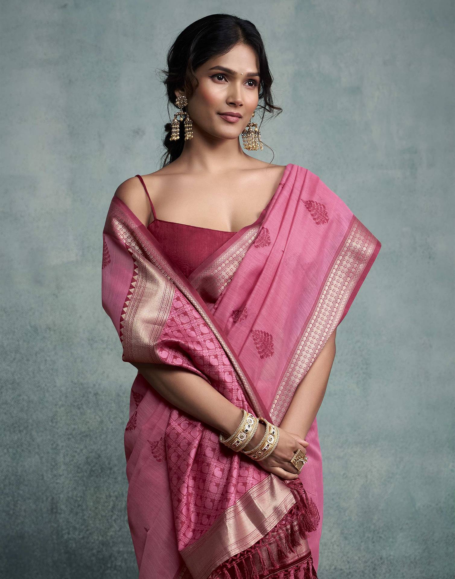 Pink Cotton Woven Saree