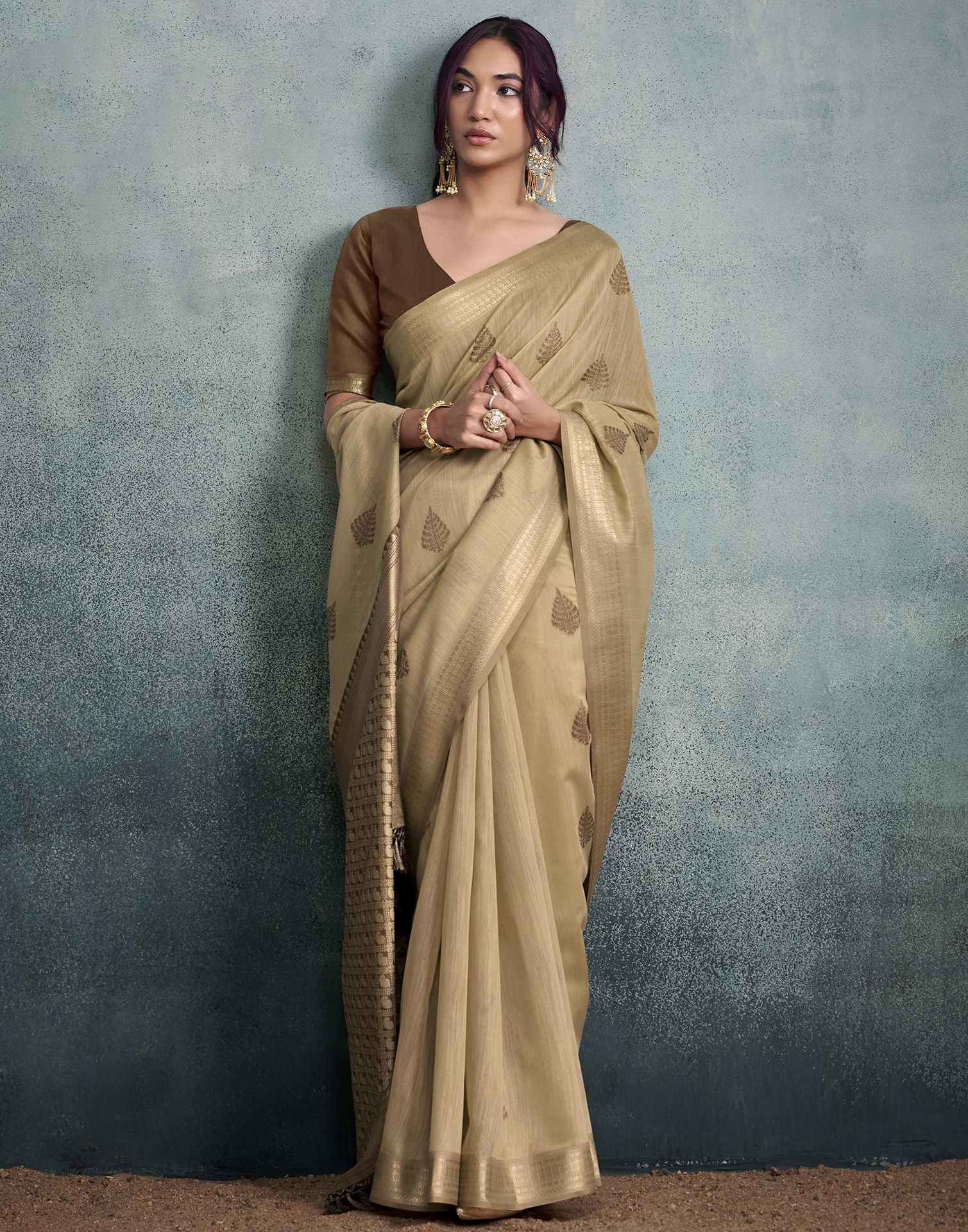 Dark Beige Cotton Woven Saree