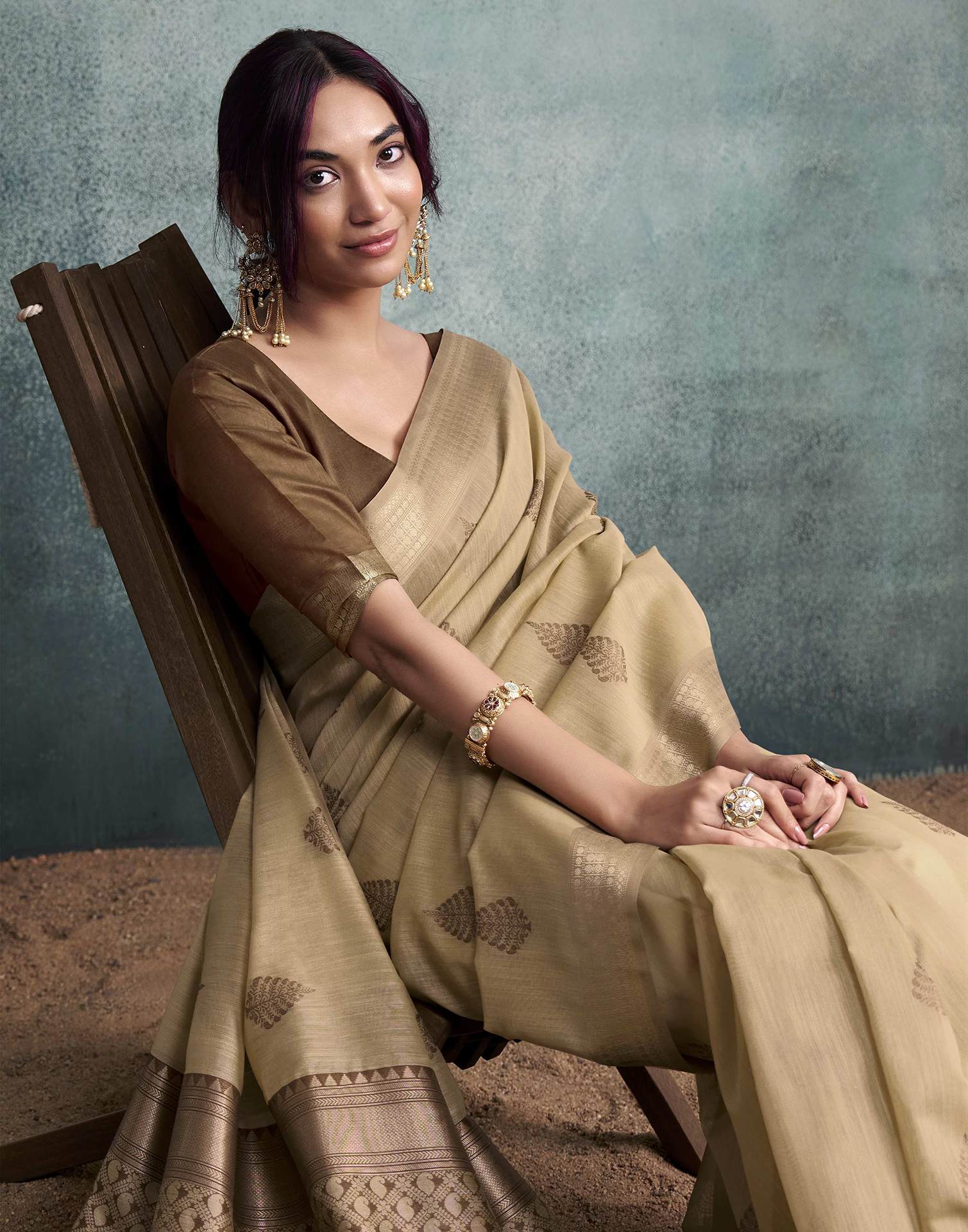 Dark Beige Cotton Woven Saree