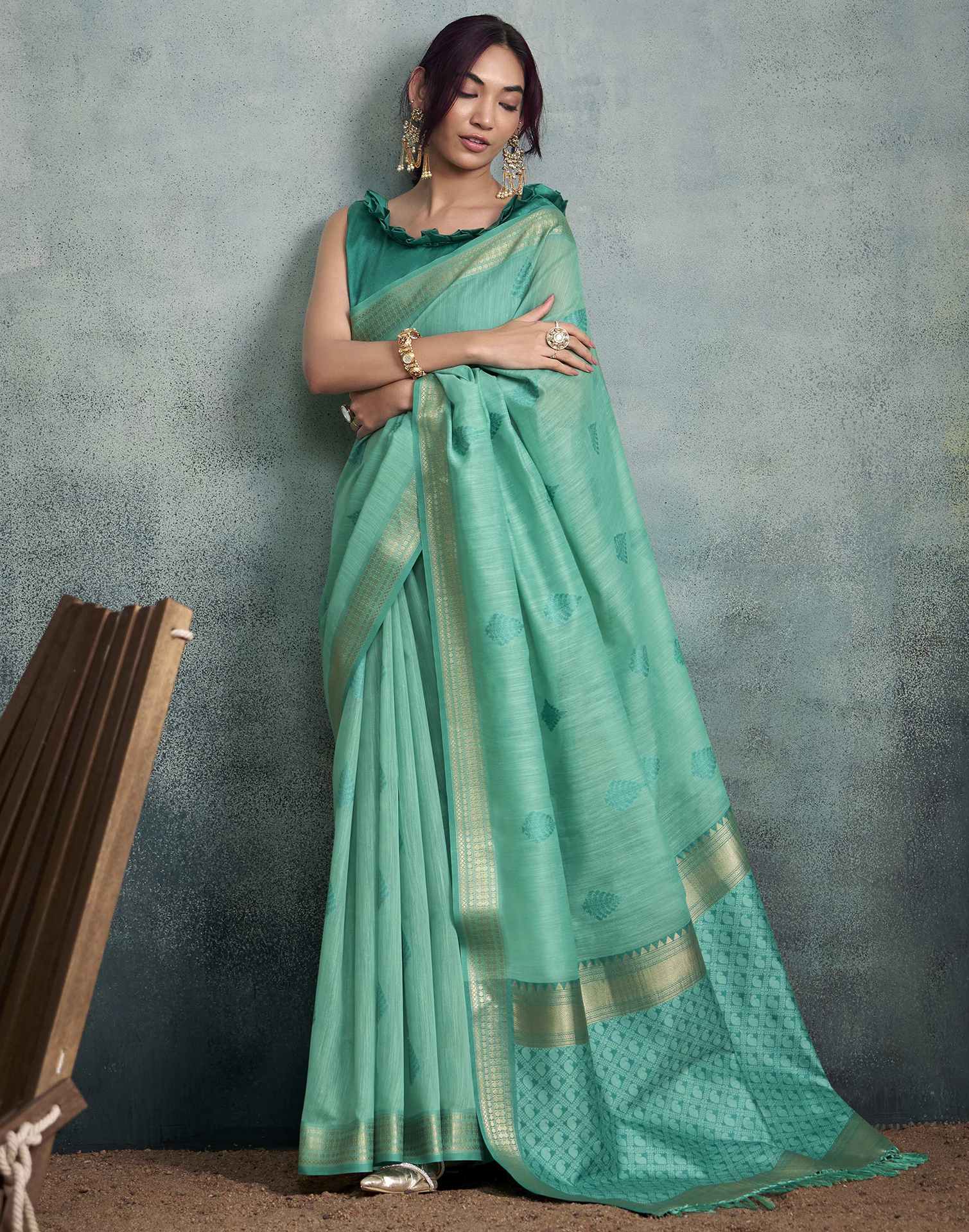 Teal Green Cotton Woven Saree