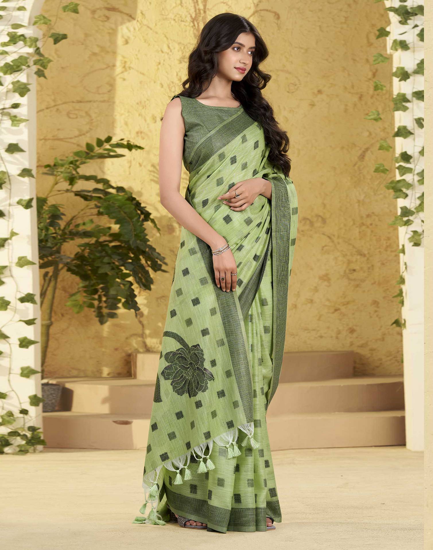 Pista Green Silk Woven Saree