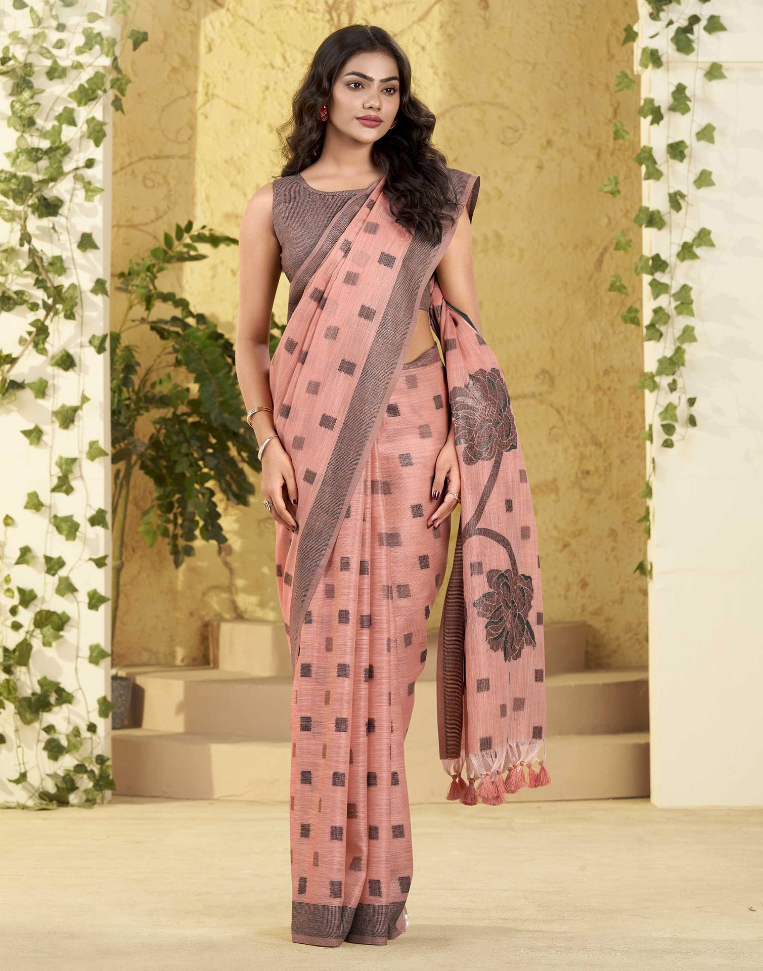 Peach Silk Woven Saree