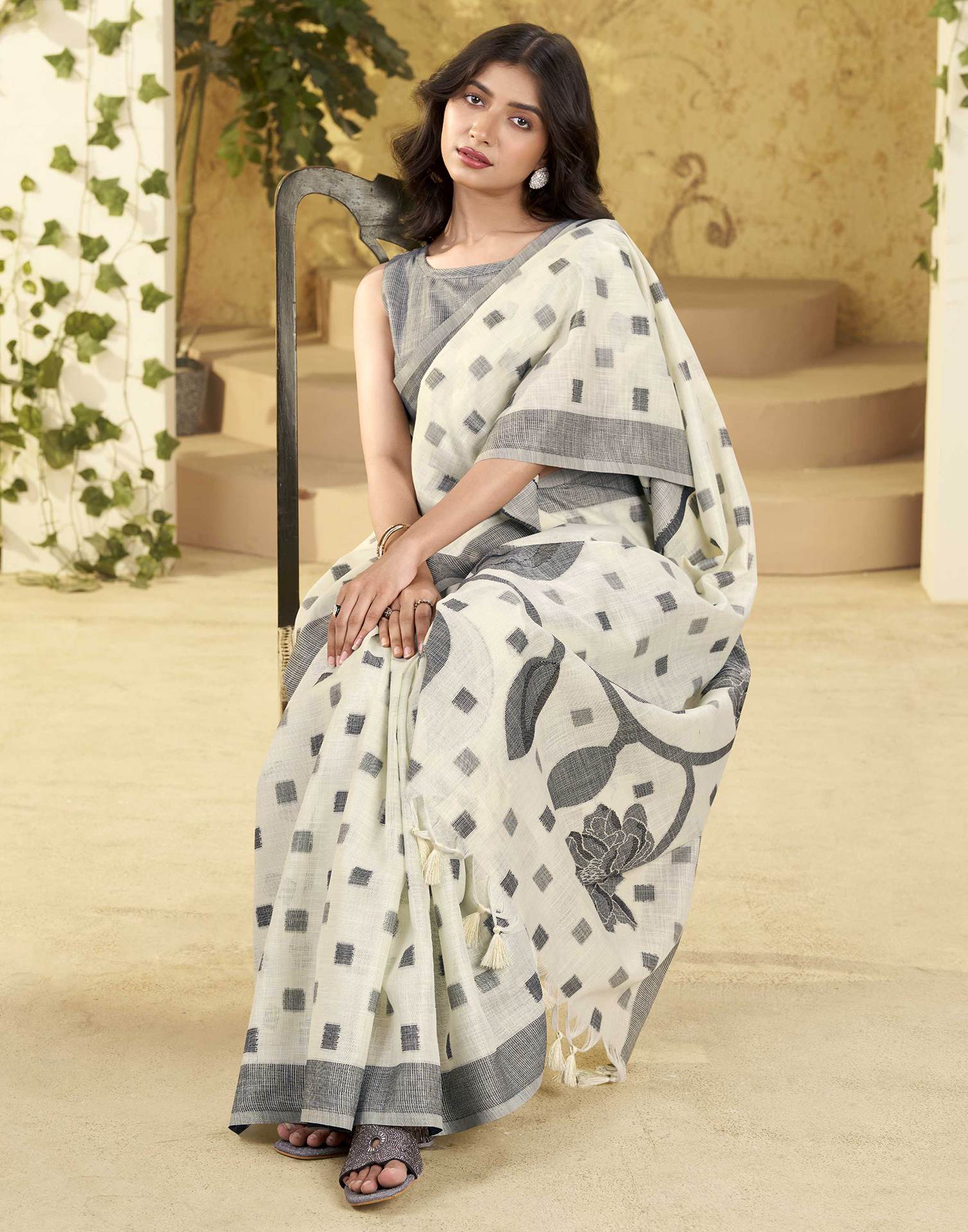 Off White Silk Woven Saree
