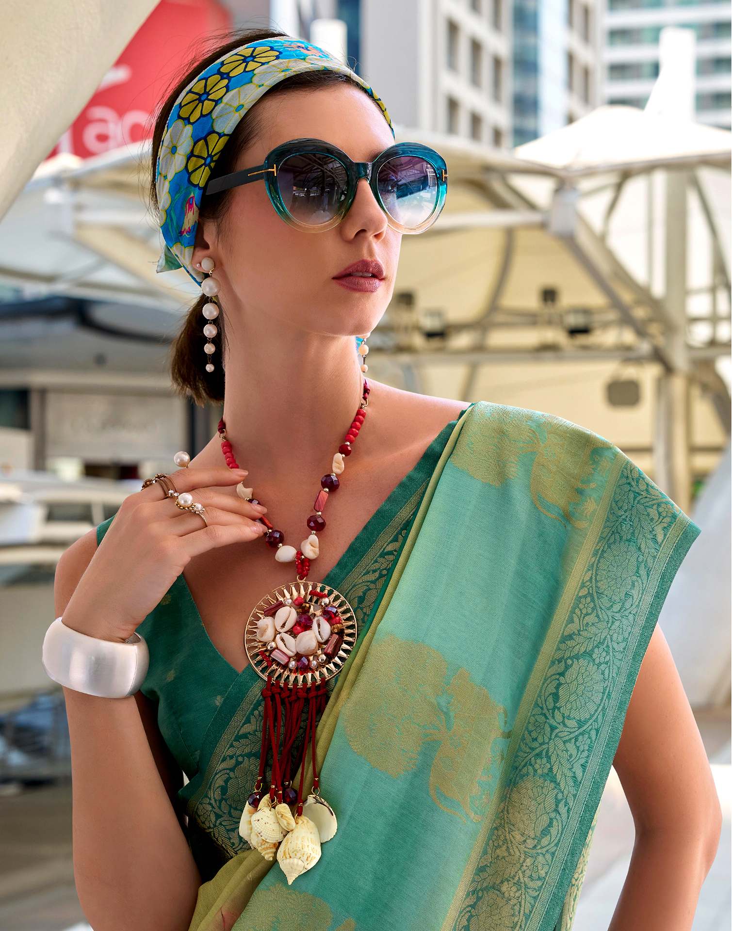 Teal Blue Silk Printed Woven Saree