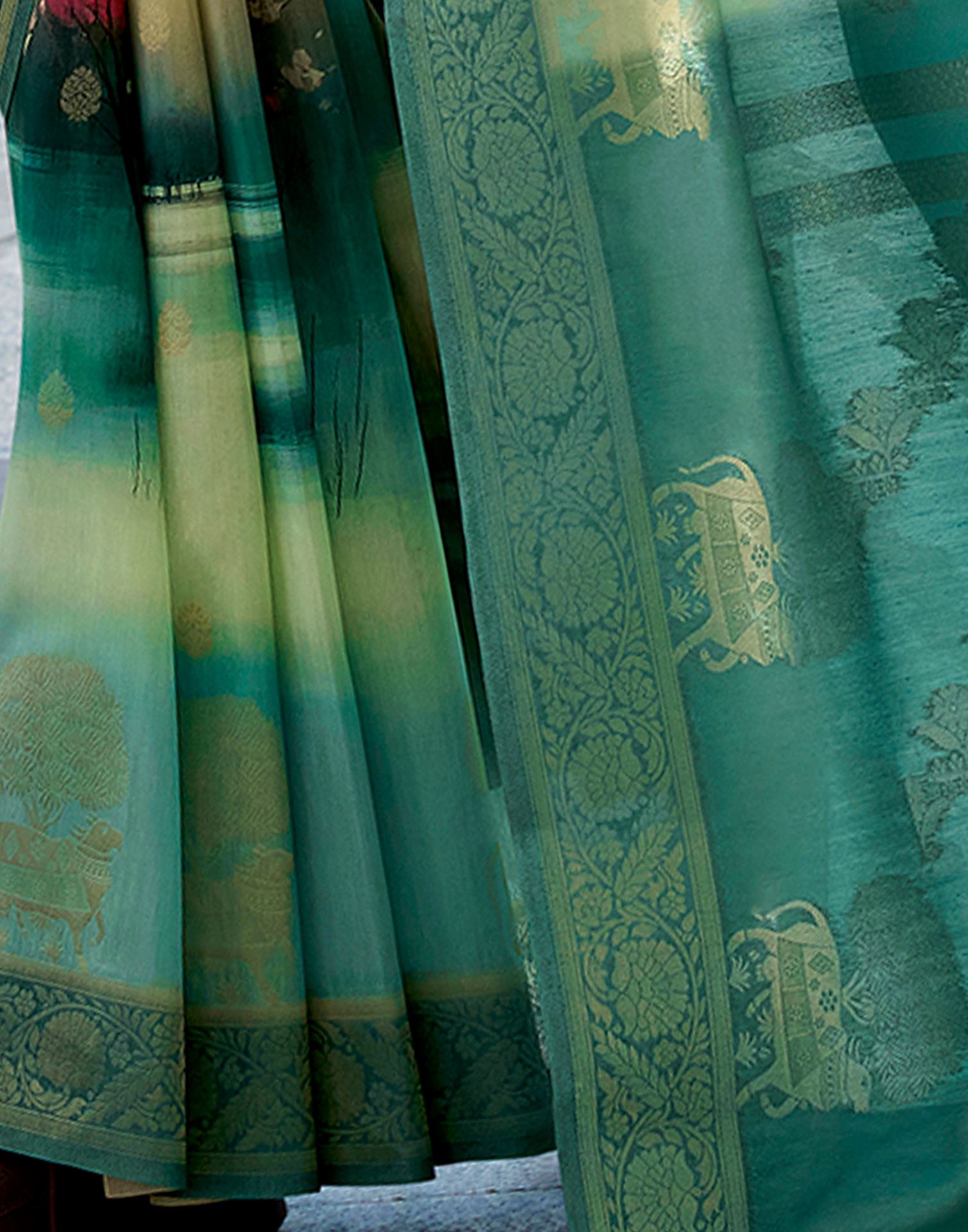 Teal Blue Silk Printed Woven Saree