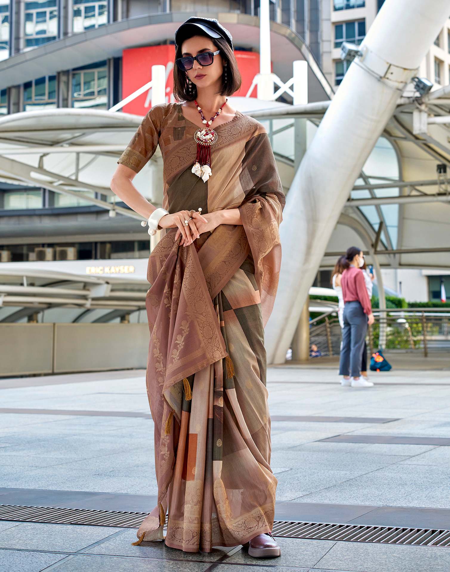 Brown Silk Printed Woven Saree