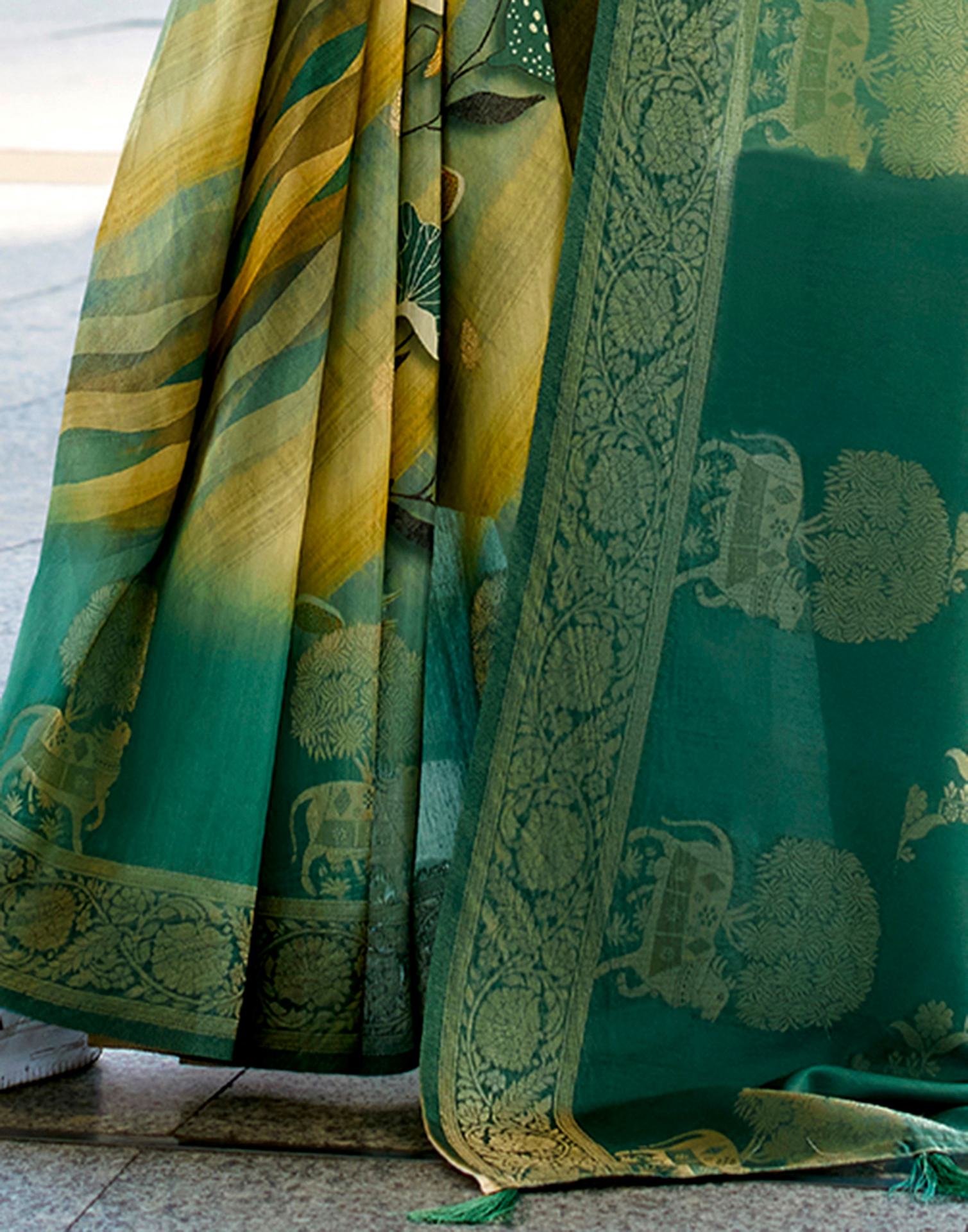 Teal Green Silk Printed Woven Saree