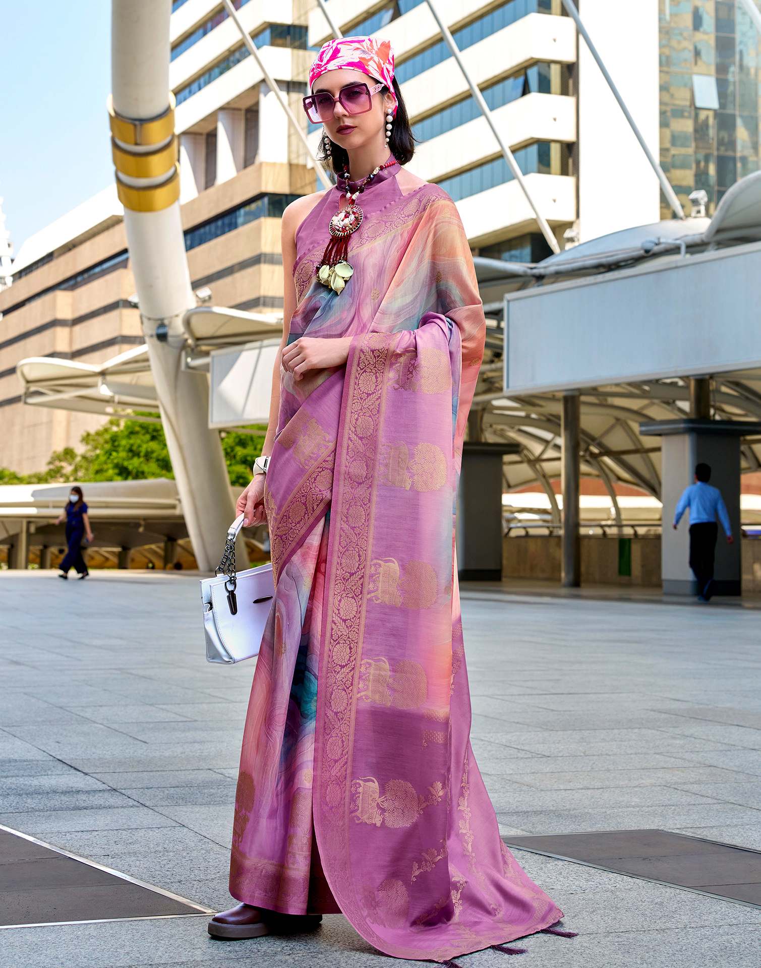 Lavender Silk Printed Woven Saree